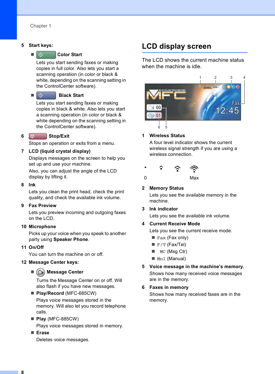 Chapter 185 Start keys: Color StartLets you start sending faxes or making copies in full color. Also lets you start a scanning operation (in color or black &amp; white, depending on the scanning setting in the ControlCenter software).  Black StartLets you start sending faxes or making copies in black &amp; white. Also lets you start a scanning operation (in color or black &amp; white depending on the scanning setting in the ControlCenter software).6 Stop/ExitStops an operation or exits from a menu.7 LCD (liquid crystal display)Displays messages on the screen to help you set up and use your machine.Also, you can adjust the angle of the LCD display by lifting it. 8InkLets you clean the print head, check the print quality, and check the available ink volume.9FaxPreview Lets you preview incoming and outgoing faxes on the LCD.10 Microphone Picks up your voice when you speak to another party using Speaker Phone.11 On/OffYou can turn the machine on or off.12 Message Center keys: Message CenterTurns the Message Center on or off. Will also flash if you have new messages.Play/Record (MFC-685CW)Plays voice messages stored in the memory. Will also let you record telephone calls.Play (MFC-885CW)Plays voice messages stored in memory. EraseDeletes voice messages. LCD display screen 1The LCD shows the current machine status when the machine is idle. 1 Wireless StatusA four level indicator shows the current wireless signal strength if you are using a wireless connection. 2 Memory StatusLets you see the available memory in the machine.3 Ink indicatorLets you see the available ink volume.4 Current Receive ModeLets you see the current receive mode.Fax (Fax only)F/T (Fax/Tel)MC (Msg Ctr) Mnl (Manual) 5 Voice message in the machine’s memory. Shows how many received voice messages are in the memory.6 Faxes in memoryShows how many received faxes are in the memory.0MaxFaxFaxMem.Mem.12:4512:451 26534