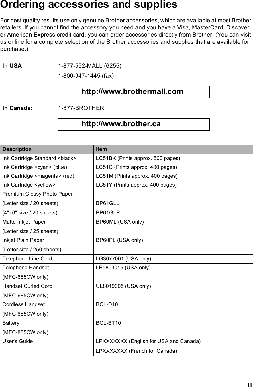 iiiOrdering accessories and supplies For best quality results use only genuine Brother accessories, which are available at most Brother retailers. If you cannot find the accessory you need and you have a Visa, MasterCard, Discover, or American Express credit card, you can order accessories directly from Brother. (You can visit us online for a complete selection of the Brother accessories and supplies that are available for purchase.) In USA: 1-877-552-MALL (6255)1-800-947-1445 (fax) http://www.brothermall.com In Canada: 1-877-BROTHER http://www.brother.ca Description ItemInk Cartridge Standard &lt;black&gt; LC51BK (Prints approx. 500 pages)Ink Cartridge &lt;cyan&gt; (blue) LC51C (Prints approx. 400 pages)Ink Cartridge &lt;magenta&gt; (red) LC51M (Prints approx. 400 pages)Ink Cartridge &lt;yellow&gt; LC51Y (Prints approx. 400 pages)Premium Glossy Photo Paper(Letter size / 20 sheets)(4&quot;×6&quot; size / 20 sheets)BP61GLLBP61GLPMatte Inkjet Paper(Letter size / 25 sheets)BP60ML (USA only)Inkjet Plain Paper(Letter size / 250 sheets)BP60PL (USA only)Telephone Line Cord LG3077001 (USA only)Telephone Handset(MFC-685CW only)LE5803016 (USA only)Handset Curled Cord(MFC-685CW only)UL8019005 (USA only)Cordless Handset(MFC-885CW only)BCL-D10Battery(MFC-885CW only)BCL-BT10User&apos;s Guide LPXXXXXXX (English for USA and Canada) LPXXXXXXX (French for Canada) 