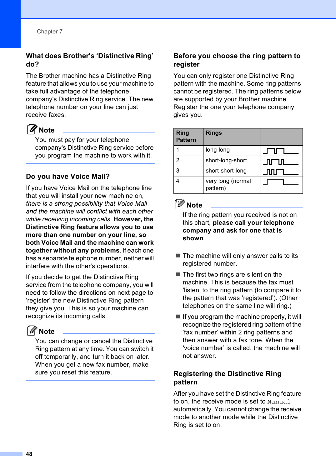 Chapter 748What does Brother&apos;s ‘Distinctive Ring’ do? 7The Brother machine has a Distinctive Ring feature that allows you to use your machine to take full advantage of the telephone company&apos;s Distinctive Ring service. The new telephone number on your line can just receive faxes.NoteYou must pay for your telephone company&apos;s Distinctive Ring service before you program the machine to work with it. Do you have Voice Mail? 7If you have Voice Mail on the telephone line that you will install your new machine on, there is a strong possibility that Voice Mail and the machine will conflict with each other while receiving incoming calls. However, the Distinctive Ring feature allows you to use more than one number on your line, so both Voice Mail and the machine can work together without any problems. If each one has a separate telephone number, neither will interfere with the other&apos;s operations.If you decide to get the Distinctive Ring service from the telephone company, you will need to follow the directions on next page to ‘register’ the new Distinctive Ring pattern they give you. This is so your machine can recognize its incoming calls.NoteYou can change or cancel the Distinctive Ring pattern at any time. You can switch it off temporarily, and turn it back on later. When you get a new fax number, make sure you reset this feature. Before you choose the ring pattern to register 7You can only register one Distinctive Ring pattern with the machine. Some ring patterns cannot be registered. The ring patterns below are supported by your Brother machine. Register the one your telephone company gives you.NoteIf the ring pattern you received is not on this chart, please call your telephone company and ask for one that is shown. The machine will only answer calls to its registered number.The first two rings are silent on the machine. This is because the fax must ‘listen’ to the ring pattern (to compare it to the pattern that was ‘registered’). (Other telephones on the same line will ring.)If you program the machine properly, it will recognize the registered ring pattern of the ‘fax number’ within 2 ring patterns and then answer with a fax tone. When the ‘voice number’ is called, the machine will not answer.Registering the Distinctive Ring pattern 7After you have set the Distinctive Ring feature to on, the receive mode is set to Manual automatically. You cannot change the receive mode to another mode while the Distinctive Ring is set to on.Ring PatternRings1 long-long  2 short-long-short  3 short-short-long  4 very long (normal pattern) 