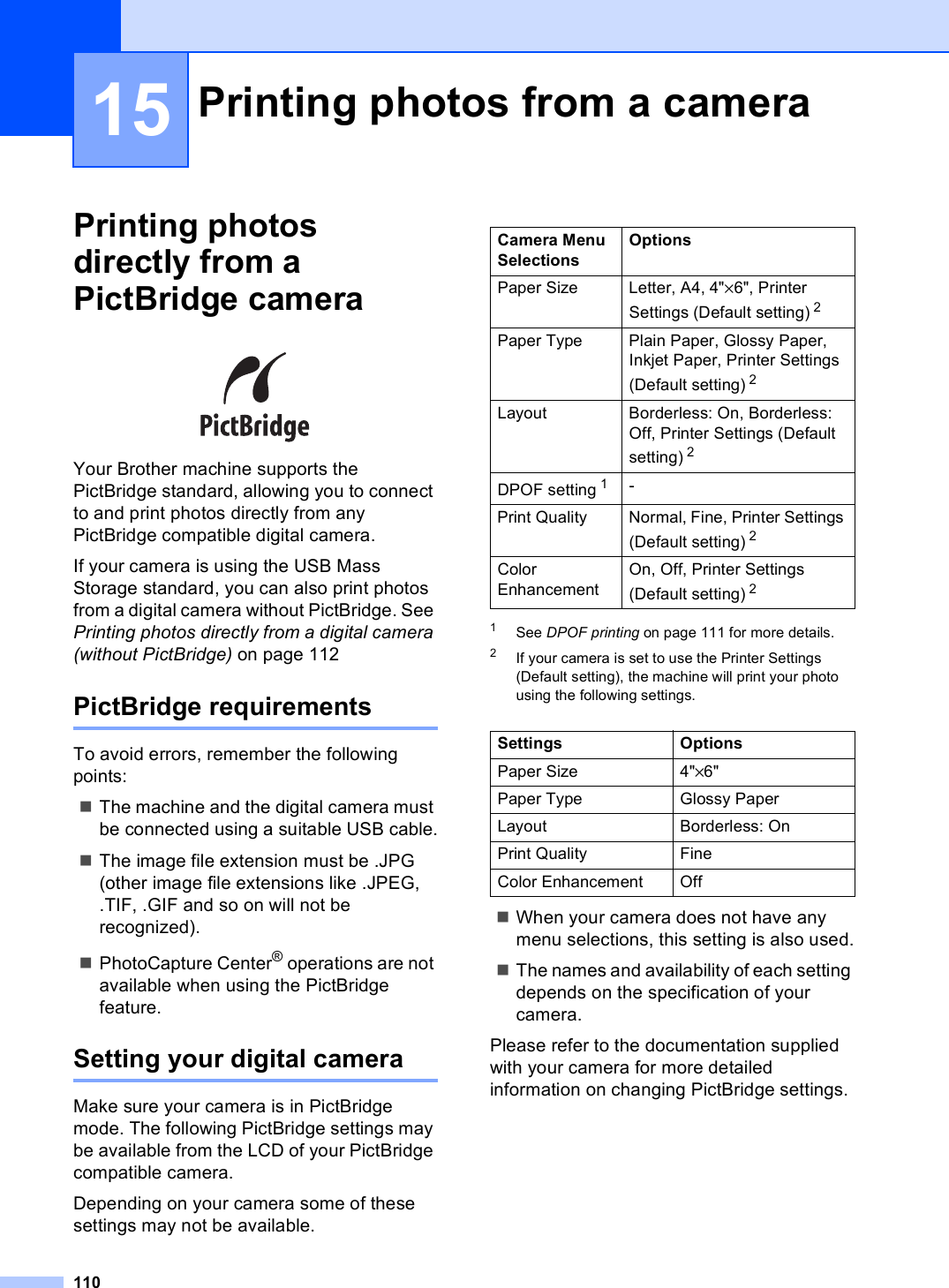 11015Printing photos directly from a PictBridge camera 15 Your Brother machine supports the PictBridge standard, allowing you to connect to and print photos directly from any PictBridge compatible digital camera.If your camera is using the USB Mass Storage standard, you can also print photos from a digital camera without PictBridge. See Printing photos directly from a digital camera (without PictBridge) on page 112PictBridge requirements 15To avoid errors, remember the following points:The machine and the digital camera must be connected using a suitable USB cable.The image file extension must be .JPG (other image file extensions like .JPEG, .TIF, .GIF and so on will not be recognized).PhotoCapture Center® operations are not available when using the PictBridge feature.Setting your digital camera 15Make sure your camera is in PictBridge mode. The following PictBridge settings may be available from the LCD of your PictBridge compatible camera.Depending on your camera some of these settings may not be available.1See DPOF printing on page 111 for more details.2If your camera is set to use the Printer Settings (Default setting), the machine will print your photo using the following settings.When your camera does not have any menu selections, this setting is also used.The names and availability of each setting depends on the specification of your camera.Please refer to the documentation supplied with your camera for more detailed information on changing PictBridge settings.Printing photos from a camera 15Camera Menu SelectionsOptionsPaper Size Letter, A4, 4&quot;×6&quot;, Printer Settings (Default setting) 2Paper Type Plain Paper, Glossy Paper, Inkjet Paper, Printer Settings (Default setting) 2Layout Borderless: On, Borderless: Off, Printer Settings (Default setting) 2DPOF setting 1-Print Quality Normal, Fine, Printer Settings (Default setting) 2Color EnhancementOn, Off, Printer Settings (Default setting) 2Settings OptionsPaper Size 4&quot;×6&quot;Paper Type Glossy PaperLayout Borderless: OnPrint Quality FineColor Enhancement Off