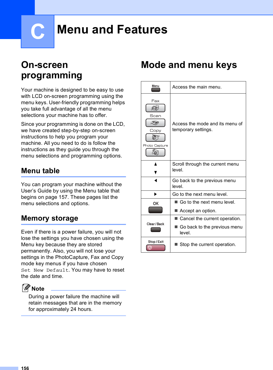 156COn-screen programming CYour machine is designed to be easy to use with LCD on-screen programming using the menu keys. User-friendly programming helps you take full advantage of all the menu selections your machine has to offer.Since your programming is done on the LCD, we have created step-by-step on-screen instructions to help you program your machine. All you need to do is follow the instructions as they guide you through the menu selections and programming options.Menu table CYou can program your machine without the User’s Guide by using the Menu table that begins on page 157. These pages list the menu selections and options.Memory storage CEven if there is a power failure, you will not lose the settings you have chosen using the Menu key because they are stored permanently. Also, you will not lose your settings in the PhotoCapture, Fax and Copy mode key menus if you have chosen Set New Default. You may have to reset the date and time.NoteDuring a power failure the machine will retain messages that are in the memory for approximately 24 hours. Mode and menu keys CMenu and Features C Access the main menu. Access the mode and its menu of temporary settings.abScroll through the current menu level.dGo back to the previous menu level.cGo to the next menu level. Go to the next menu level.Accept an option. Cancel the current operation.Go back to the previous menu level. Stop the current operation.