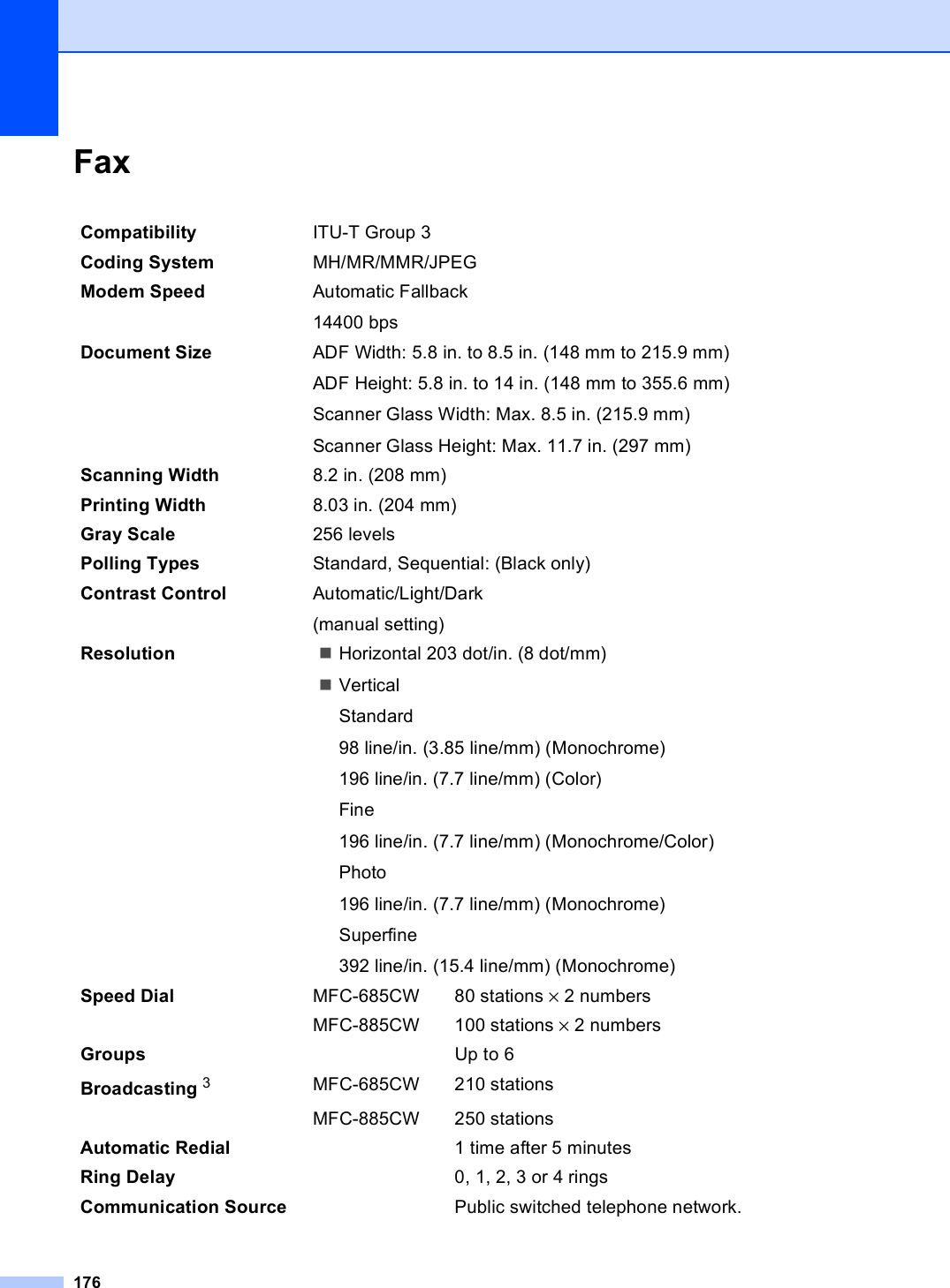 176Fax DCompatibility ITU-T Group 3Coding System MH/MR/MMR/JPEGModem Speed Automatic Fallback14400 bps Document Size  ADF Width: 5.8 in. to 8.5 in. (148 mm to 215.9 mm)ADF Height: 5.8 in. to 14 in. (148 mm to 355.6 mm)Scanner Glass Width: Max. 8.5 in. (215.9 mm)Scanner Glass Height: Max. 11.7 in. (297 mm)Scanning Width 8.2 in. (208 mm)Printing Width 8.03 in. (204 mm)Gray Scale 256 levelsPolling Types Standard, Sequential: (Black only)Contrast Control Automatic/Light/Dark(manual setting)Resolution Horizontal 203 dot/in. (8 dot/mm)VerticalStandard98 line/in. (3.85 line/mm) (Monochrome)196 line/in. (7.7 line/mm) (Color)Fine196 line/in. (7.7 line/mm) (Monochrome/Color)Photo196 line/in. (7.7 line/mm) (Monochrome)Superfine392 line/in. (15.4 line/mm) (Monochrome)Speed Dial MFC-685CW 80 stations × 2 numbersMFC-885CW 100 stations × 2 numbersGroups Up to 6Broadcasting 3MFC-685CW 210 stations MFC-885CW 250 stationsAutomatic Redial 1 time after 5 minutesRing Delay 0, 1, 2, 3 or 4 ringsCommunication Source Public switched telephone network.