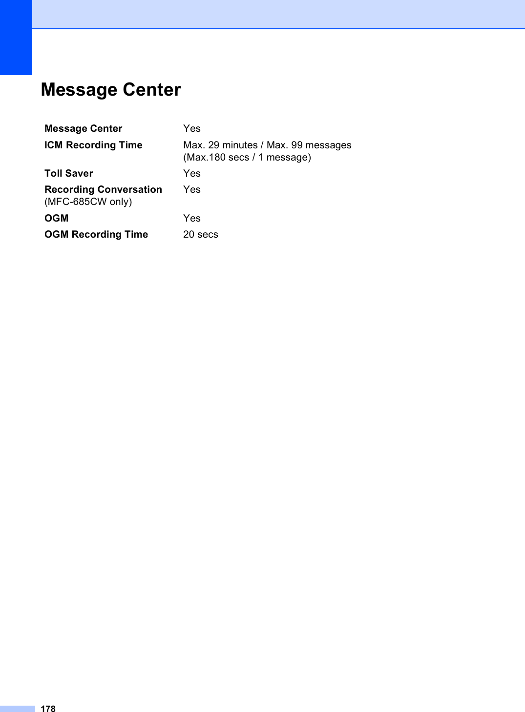 178Message Center DMessage Center Yes ICM Recording Time  Max. 29 minutes / Max. 99 messages(Max.180 secs / 1 message)Toll Saver Yes Recording Conversation(MFC-685CW only)YesOGM YesOGM Recording Time 20 secs