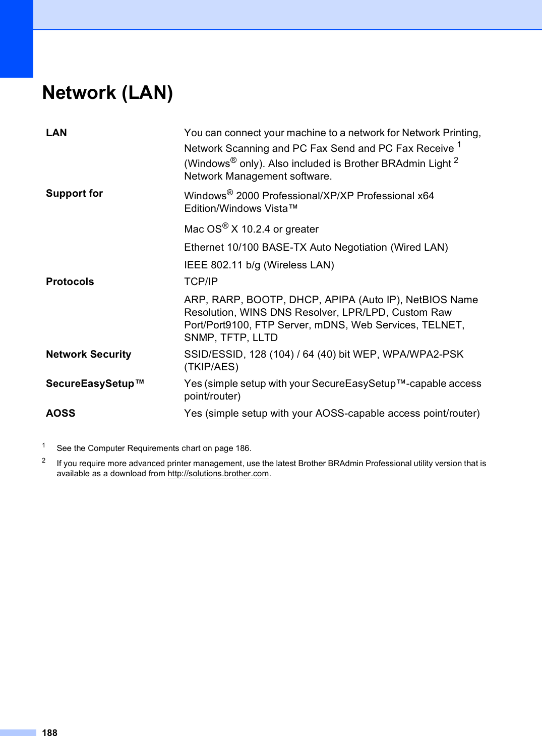 188Network (LAN) D1See the Computer Requirements chart on page 186.2If you require more advanced printer management, use the latest Brother BRAdmin Professional utility version that is available as a download from http://solutions.brother.com.LAN You can connect your machine to a network for Network Printing, Network Scanning and PC Fax Send and PC Fax Receive 1 (Windows® only). Also included is Brother BRAdmin Light 2 Network Management software.Support for Windows® 2000 Professional/XP/XP Professional x64 Edition/Windows Vista™Mac OS® X 10.2.4 or greaterEthernet 10/100 BASE-TX Auto Negotiation (Wired LAN)IEEE 802.11 b/g (Wireless LAN)Protocols TCP/IP ARP, RARP, BOOTP, DHCP, APIPA (Auto IP), NetBIOS Name Resolution, WINS DNS Resolver, LPR/LPD, Custom Raw Port/Port9100, FTP Server, mDNS, Web Services, TELNET, SNMP, TFTP, LLTDNetwork Security SSID/ESSID, 128 (104) / 64 (40) bit WEP, WPA/WPA2-PSK (TKIP/AES)SecureEasySetup™  Yes (simple setup with your SecureEasySetup™-capable access point/router)AOSS  Yes (simple setup with your AOSS-capable access point/router)