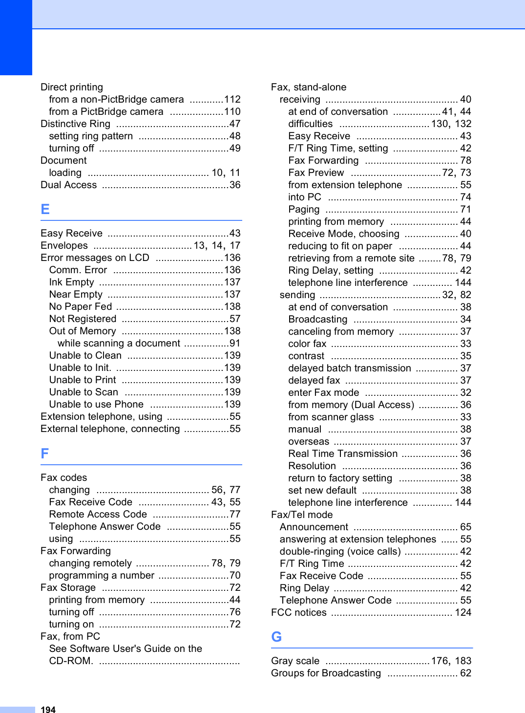 194Direct printingfrom a non-PictBridge camera ............112from a PictBridge camera ...................110Distinctive Ring ........................................47setting ring pattern ................................48turning off ..............................................49Documentloading ........................................... 10, 11Dual Access .............................................36EEasy Receive ...........................................43Envelopes ...................................13, 14, 17Error messages on LCD ........................136Comm. Error .......................................136Ink Empty ............................................137Near Empty .........................................137No Paper Fed ......................................138Not Registered ......................................57Out of Memory ....................................138while scanning a document ................91Unable to Clean ..................................139Unable to Init. ......................................139Unable to Print ....................................139Unable to Scan ...................................139Unable to use Phone ..........................139Extension telephone, using ......................55External telephone, connecting ................55FFax codeschanging ........................................ 56, 77Fax Receive Code ......................... 43, 55Remote Access Code ...........................77Telephone Answer Code ......................55using .....................................................55Fax Forwardingchanging remotely .......................... 78, 79programming a number .........................70Fax Storage .............................................72printing from memory ............................44turning off ..............................................76turning on ..............................................72Fax, from PCSee Software User&apos;s Guide on the CD-ROM. ..................................................Fax, stand-alonereceiving ............................................... 40at end of conversation .................41, 44difficulties ................................130, 132Easy Receive .................................... 43F/T Ring Time, setting ....................... 42Fax Forwarding ................................. 78Fax Preview ................................72, 73from extension telephone .................. 55into PC .............................................. 74Paging ............................................... 71printing from memory ........................ 44Receive Mode, choosing ................... 40reducing to fit on paper ..................... 44retrieving from a remote site ........78, 79Ring Delay, setting ............................ 42telephone line interference .............. 144sending ...........................................32, 82at end of conversation ....................... 38Broadcasting ..................................... 34canceling from memory ..................... 37color fax ............................................. 33contrast ............................................. 35delayed batch transmission ............... 37delayed fax ........................................ 37enter Fax mode ................................. 32from memory (Dual Access) .............. 36from scanner glass ............................ 33manual .............................................. 38overseas ............................................ 37Real Time Transmission .................... 36Resolution ......................................... 36return to factory setting ..................... 38set new default .................................. 38telephone line interference .............. 144Fax/Tel modeAnnouncement ..................................... 65answering at extension telephones ...... 55double-ringing (voice calls) ................... 42F/T Ring Time ....................................... 42Fax Receive Code ................................ 55Ring Delay ............................................ 42Telephone Answer Code ...................... 55FCC notices ........................................... 124GGray scale .....................................176, 183Groups for Broadcasting ......................... 62