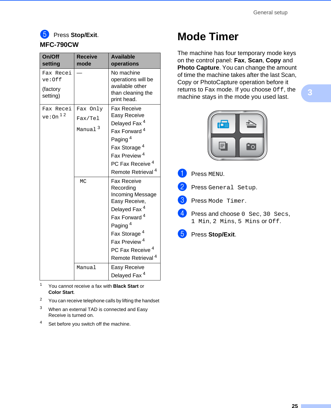 General setup253ePress Stop/Exit.11You cannot receive a fax with Black Start or Color Start.2You can receive telephone calls by lifting the handset 3When an external TAD is connected and Easy Receive is turned on. 4Set before you switch off the machine.Mode Timer 3The machine has four temporary mode keys on the control panel: Fax, Scan, Copy and Photo Capture. You can change the amount of time the machine takes after the last Scan, Copy or PhotoCapture operation before it returns to Fax mode. If you choose Off, the machine stays in the mode you used last. aPress MENU.bPress General Setup.cPress Mode Timer.dPress and choose 0 Sec, 30 Secs, 1 Min, 2 Mins, 5 Mins or Off.ePress Stop/Exit.MFC-790CWOn/Off setting Receive mode Available operationsFax Receive:Off(factory setting)— No machine operations will be available other than cleaning the print head.Fax Receive:On 12Fax OnlyFax/TelManual 3Fax ReceiveEasy Receive Delayed Fax 4 Fax Forward 4 Paging 4 Fax Storage 4 Fax Preview 4PC Fax Receive 4 Remote Retrieval 4MC Fax Receive Recording Incoming Message Easy Receive, Delayed Fax 4 Fax Forward 4 Paging 4Fax Storage 4 Fax Preview 4 PC Fax Receive 4 Remote Retrieval 4Manual Easy ReceiveDelayed Fax 4 