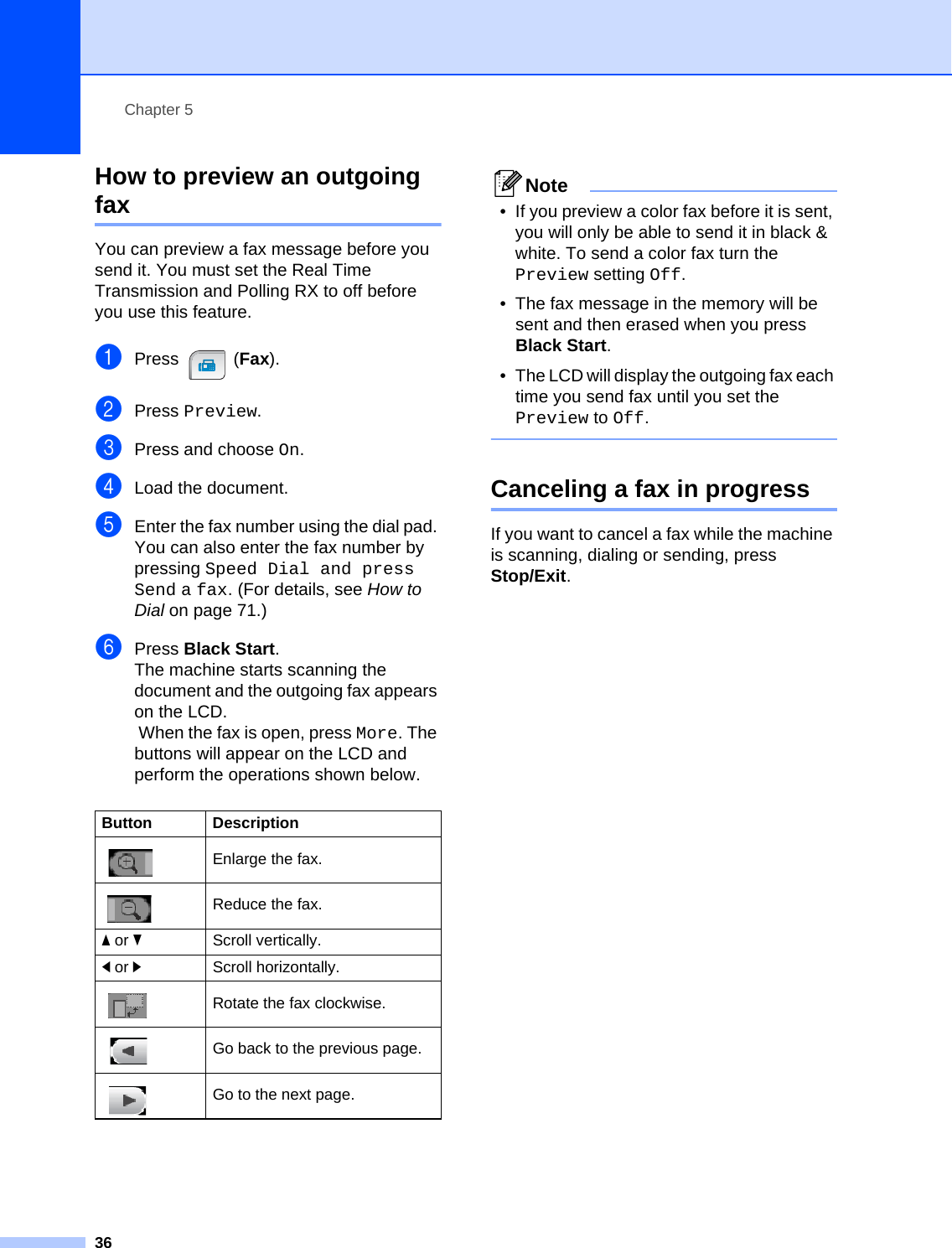 Chapter 536How to preview an outgoing fax 5You can preview a fax message before you send it. You must set the Real Time Transmission and Polling RX to off before you use this feature.aPress (Fax).bPress Preview.cPress and choose On.dLoad the document.eEnter the fax number using the dial pad. You can also enter the fax number by pressing Speed Dial and press Send a fax. (For details, see How to Dial on page 71.)fPress Black Start.The machine starts scanning the document and the outgoing fax appears on the LCD. When the fax is open, press More. The buttons will appear on the LCD and perform the operations shown below.Note• If you preview a color fax before it is sent, you will only be able to send it in black &amp; white. To send a color fax turn the Preview setting Off.• The fax message in the memory will be sent and then erased when you press Black Start.• The LCD will display the outgoing fax each time you send fax until you set the Preview to Off. Canceling a fax in progress 5If you want to cancel a fax while the machine is scanning, dialing or sending, press Stop/Exit.Button DescriptionEnlarge the fax.Reduce the fax.a or bScroll vertically.d or cScroll horizontally.Rotate the fax clockwise.Go back to the previous page.Go to the next page.