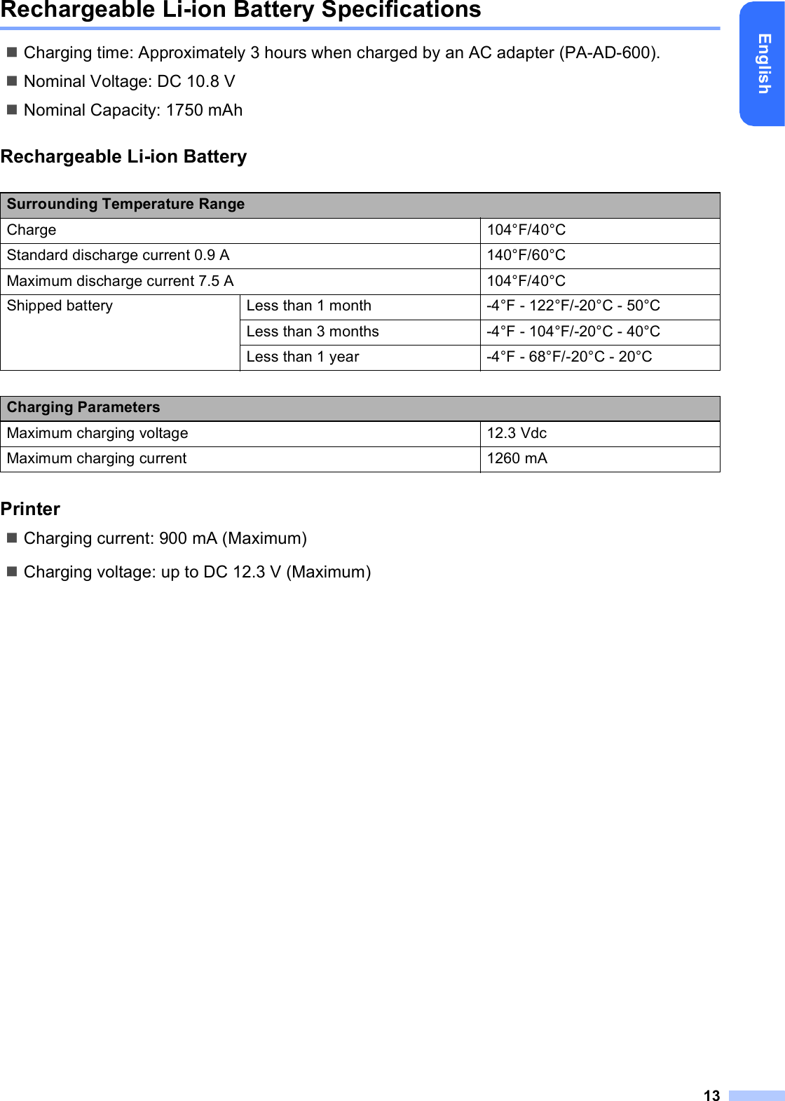 13EnglishRechargeable Li-ion Battery SpecificationsCharging time: Approximately 3 hours when charged by an AC adapter (PA-AD-600).Nominal Voltage: DC 10.8 VNominal Capacity: 1750 mAhRechargeable Li-ion BatteryPrinterCharging current: 900 mA (Maximum)Charging voltage: up to DC 12.3 V (Maximum)Surrounding Temperature RangeCharge 104°F/40°CStandard discharge current 0.9 A 140°F/60°CMaximum discharge current 7.5 A 104°F/40°CShipped battery Less than 1 month -4°F - 122°F/-20°C - 50°CLess than 3 months -4°F - 104°F/-20°C - 40°CLess than 1 year -4°F - 68°F/-20°C - 20°CCharging ParametersMaximum charging voltage 12.3 VdcMaximum charging current 1260 mA