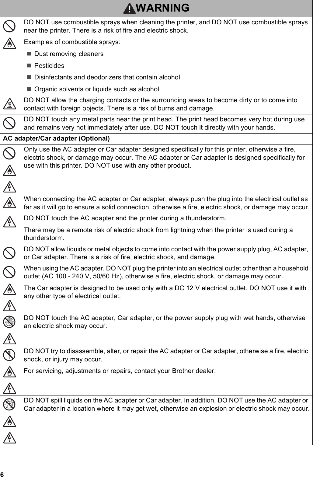 6DO NOT use combustible sprays when cleaning the printer, and DO NOT use combustible sprays near the printer. There is a risk of fire and electric shock.Examples of combustible sprays:Dust removing cleanersPesticidesDisinfectants and deodorizers that contain alcoholOrganic solvents or liquids such as alcoholDO NOT allow the charging contacts or the surrounding areas to become dirty or to come into contact with foreign objects. There is a risk of burns and damage.DO NOT touch any metal parts near the print head. The print head becomes very hot during use and remains very hot immediately after use. DO NOT touch it directly with your hands.AC adapter/Car adapter (Optional)Only use the AC adapter or Car adapter designed specifically for this printer, otherwise a fire, electric shock, or damage may occur. The AC adapter or Car adapter is designed specifically for use with this printer. DO NOT use with any other product.When connecting the AC adapter or Car adapter, always push the plug into the electrical outlet as far as it will go to ensure a solid connection, otherwise a fire, electric shock, or damage may occur.DO NOT touch the AC adapter and the printer during a thunderstorm.There may be a remote risk of electric shock from lightning when the printer is used during a thunderstorm.DO NOT allow liquids or metal objects to come into contact with the power supply plug, AC adapter, or Car adapter. There is a risk of fire, electric shock, and damage.When using the AC adapter, DO NOT plug the printer into an electrical outlet other than a household outlet (AC 100 - 240 V, 50/60 Hz), otherwise a fire, electric shock, or damage may occur.The Car adapter is designed to be used only with a DC 12 V electrical outlet. DO NOT use it with any other type of electrical outlet.DO NOT touch the AC adapter, Car adapter, or the power supply plug with wet hands, otherwise an electric shock may occur.DO NOT try to disassemble, alter, or repair the AC adapter or Car adapter, otherwise a fire, electric shock, or injury may occur.For servicing, adjustments or repairs, contact your Brother dealer.DO NOT spill liquids on the AC adapter or Car adapter. In addition, DO NOT use the AC adapter or Car adapter in a location where it may get wet, otherwise an explosion or electric shock may occur.WARNING