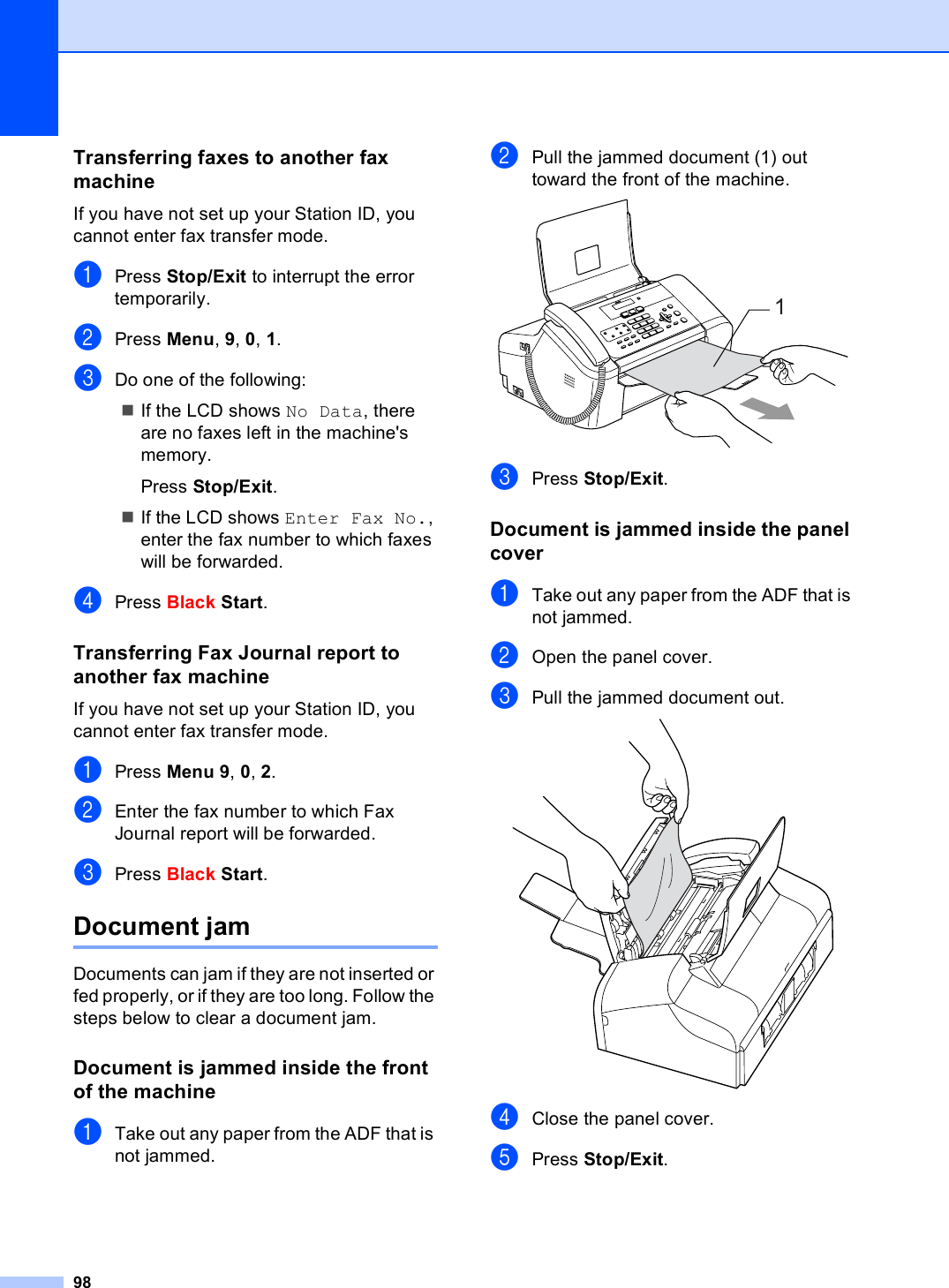 98Transferring faxes to another fax machine BIf you have not set up your Station ID, you cannot enter fax transfer mode.aPress Stop/Exit to interrupt the error temporarily.bPress Menu, 9, 0, 1.cDo one of the following:If the LCD shows No Data, there are no faxes left in the machine&apos;s memory.Press Stop/Exit.If the LCD shows Enter Fax No., enter the fax number to which faxes will be forwarded. dPress Black Start.Transferring Fax Journal report to another fax machine BIf you have not set up your Station ID, you cannot enter fax transfer mode.aPress Menu 9, 0, 2.bEnter the fax number to which Fax Journal report will be forwarded.cPress Black Start.Document jam  BDocuments can jam if they are not inserted or fed properly, or if they are too long. Follow the steps below to clear a document jam.Document is jammed inside the front of the machine BaTake out any paper from the ADF that is not jammed.bPull the jammed document (1) out toward the front of the machine. cPress Stop/Exit.Document is jammed inside the panel cover BaTake out any paper from the ADF that is not jammed.bOpen the panel cover.cPull the jammed document out. dClose the panel cover.ePress Stop/Exit.1
