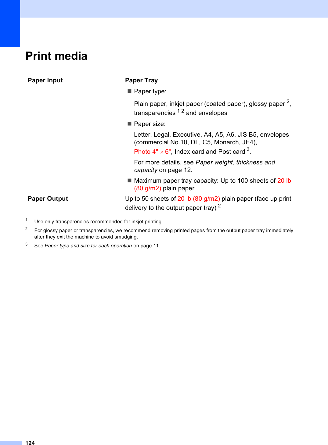 124Print media D1Use only transparencies recommended for inkjet printing.2For glossy paper or transparencies, we recommend removing printed pages from the output paper tray immediately after they exit the machine to avoid smudging.3See Paper type and size for each operation on page 11.Paper Input  Paper TrayPaper type:Plain paper, inkjet paper (coated paper), glossy paper 2, transparencies 12 and envelopes Paper size:Letter, Legal, Executive, A4, A5, A6, JIS B5, envelopes (commercial No.10, DL, C5, Monarch, JE4), Photo 4&quot; ×6&quot;, Index card and Post card 3.For more details, see Paper weight, thickness and capacity on page 12.Maximum paper tray capacity: Up to 100 sheets of 20 lb (80 g/m2) plain paperPaper Output Up to 50 sheets of 20 lb (80 g/m2) plain paper (face up print delivery to the output paper tray) 2