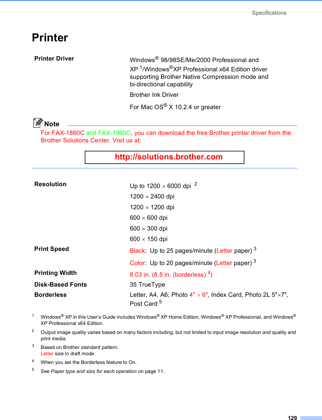 Specifications129Printer DNoteFor FAX-1860C and FAX-1960C, you can download the free Brother printer driver from the Brother Solutions Center. Visit us at:  http://solutions.brother.com  1Windows® XP in this User’s Guide includes Windows® XP Home Edition, Windows® XP Professional, and Windows® XP Professional x64 Edition.2Output image quality varies based on many factors including, but not limited to input image resolution and quality and print media.3Based on Brother standard pattern.Letter size in draft mode.4When you set the Borderless feature to On.5See Paper type and size for each operation on page 11.Printer Driver Windows® 98/98SE/Me/2000 Professional and XP 1/Windows®XP Professional x64 Edition driver supporting Brother Native Compression mode and bi-directional capabilityBrother Ink Driver For Mac OS® X 10.2.4 or greaterResolution Up to 1200 × 6000 dpi  21200 × 2400 dpi1200 × 1200 dpi600 × 600 dpi600 × 300 dpi600 × 150 dpiPrint Speed Black: Up to 25 pages/minute (Letter paper) 3Color: Up to 20 pages/minute (Letter paper) 3Printing Width 8.03 in. (8.5 in. (borderless) 4) Disk-Based Fonts 35 TrueTypeBorderless Letter, A4, A6, Photo 4&quot; × 6&quot;, Index Card, Photo 2L 5&quot;×7&quot;, Post Card 5