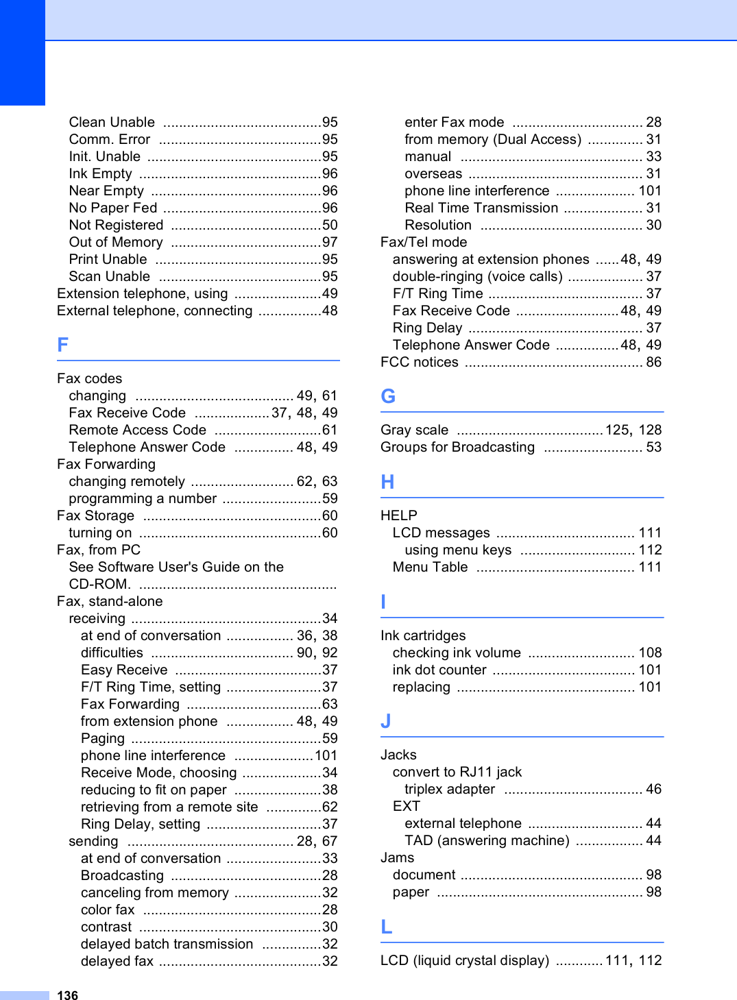 136Clean Unable ........................................95Comm. Error .........................................95Init. Unable ............................................95Ink Empty ..............................................96Near Empty ...........................................96No Paper Fed ........................................96Not Registered ......................................50Out of Memory ......................................97Print Unable ..........................................95Scan Unable .........................................95Extension telephone, using ......................49External telephone, connecting ................48FFax codeschanging ........................................ 49, 61Fax Receive Code ...................37, 48, 49Remote Access Code ...........................61Telephone Answer Code ............... 48, 49Fax Forwardingchanging remotely .......................... 62, 63programming a number .........................59Fax Storage .............................................60turning on ..............................................60Fax, from PCSee Software User&apos;s Guide on the CD-ROM. ..................................................Fax, stand-alonereceiving ................................................34at end of conversation ................. 36, 38difficulties .................................... 90, 92Easy Receive .....................................37F/T Ring Time, setting ........................37Fax Forwarding ..................................63from extension phone ................. 48, 49Paging ................................................59phone line interference ....................101Receive Mode, choosing ....................34reducing to fit on paper ......................38retrieving from a remote site ..............62Ring Delay, setting .............................37sending .......................................... 28, 67at end of conversation ........................33Broadcasting ......................................28canceling from memory ......................32color fax .............................................28contrast ..............................................30delayed batch transmission ...............32delayed fax .........................................32enter Fax mode ................................. 28from memory (Dual Access) .............. 31manual .............................................. 33overseas ............................................ 31phone line interference .................... 101Real Time Transmission .................... 31Resolution ......................................... 30Fax/Tel modeanswering at extension phones ......48, 49double-ringing (voice calls) ................... 37F/T Ring Time ....................................... 37Fax Receive Code .......................... 48, 49Ring Delay ............................................ 37Telephone Answer Code ................ 48, 49FCC notices ............................................. 86GGray scale .....................................125, 128Groups for Broadcasting ......................... 53HHELPLCD messages ................................... 111using menu keys ............................. 112Menu Table ........................................ 111IInk cartridgeschecking ink volume ........................... 108ink dot counter .................................... 101replacing ............................................. 101JJacksconvert to RJ11 jacktriplex adapter ................................... 46EXTexternal telephone ............................. 44TAD (answering machine) ................. 44Jamsdocument .............................................. 98paper .................................................... 98LLCD (liquid crystal display) ............ 111, 112