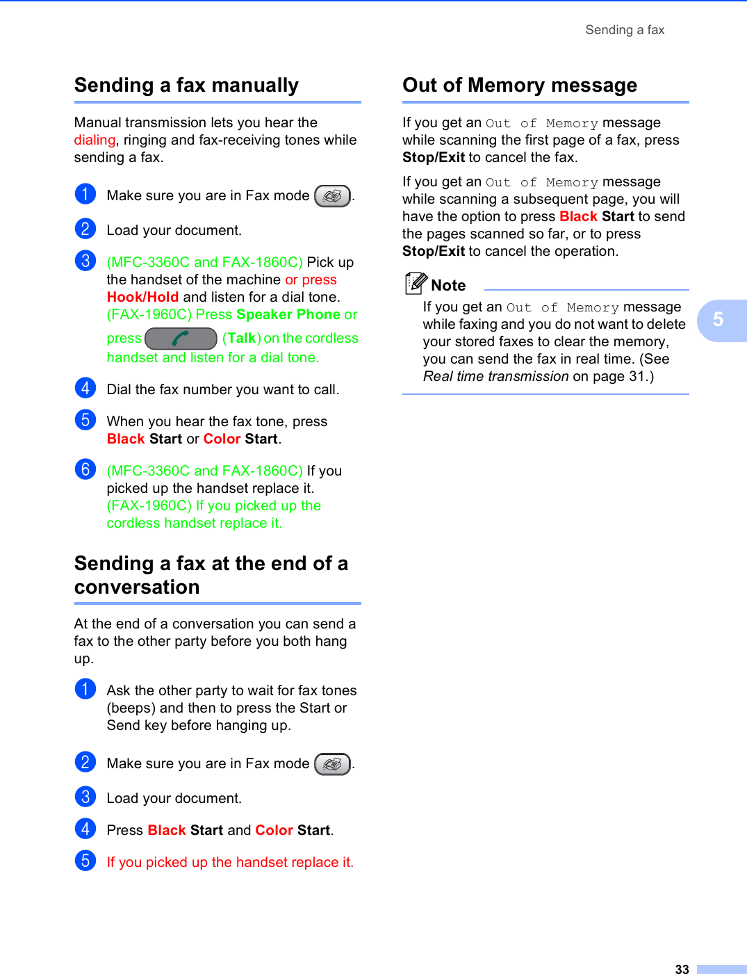 Sending a fax335Sending a fax manually 5Manual transmission lets you hear the dialing, ringing and fax-receiving tones while sending a fax.aMake sure you are in Fax mode  .bLoad your document.c(MFC-3360C and FAX-1860C) Pick up the handset of the machine or press Hook/Hold and listen for a dial tone.(FAX-1960C) Press Speaker Phone or press (Talk) on the cordless handset and listen for a dial tone.dDial the fax number you want to call.eWhen you hear the fax tone, press Black Start or Color Start.f(MFC-3360C and FAX-1860C) If you picked up the handset replace it.(FAX-1960C) If you picked up the cordless handset replace it.Sending a fax at the end of a conversation 5At the end of a conversation you can send a fax to the other party before you both hang up.aAsk the other party to wait for fax tones (beeps) and then to press the Start or Send key before hanging up.bMake sure you are in Fax mode  . cLoad your document.dPress Black Start and Color Start.eIf you picked up the handset replace it.Out of Memory message 5If you get an Out of Memory message while scanning the first page of a fax, press Stop/Exit to cancel the fax. If you get an Out of Memory message while scanning a subsequent page, you will have the option to press Black Start to send the pages scanned so far, or to press Stop/Exit to cancel the operation.NoteIf you get an Out of Memory message while faxing and you do not want to delete your stored faxes to clear the memory, you can send the fax in real time. (See Real time transmission on page 31.) 