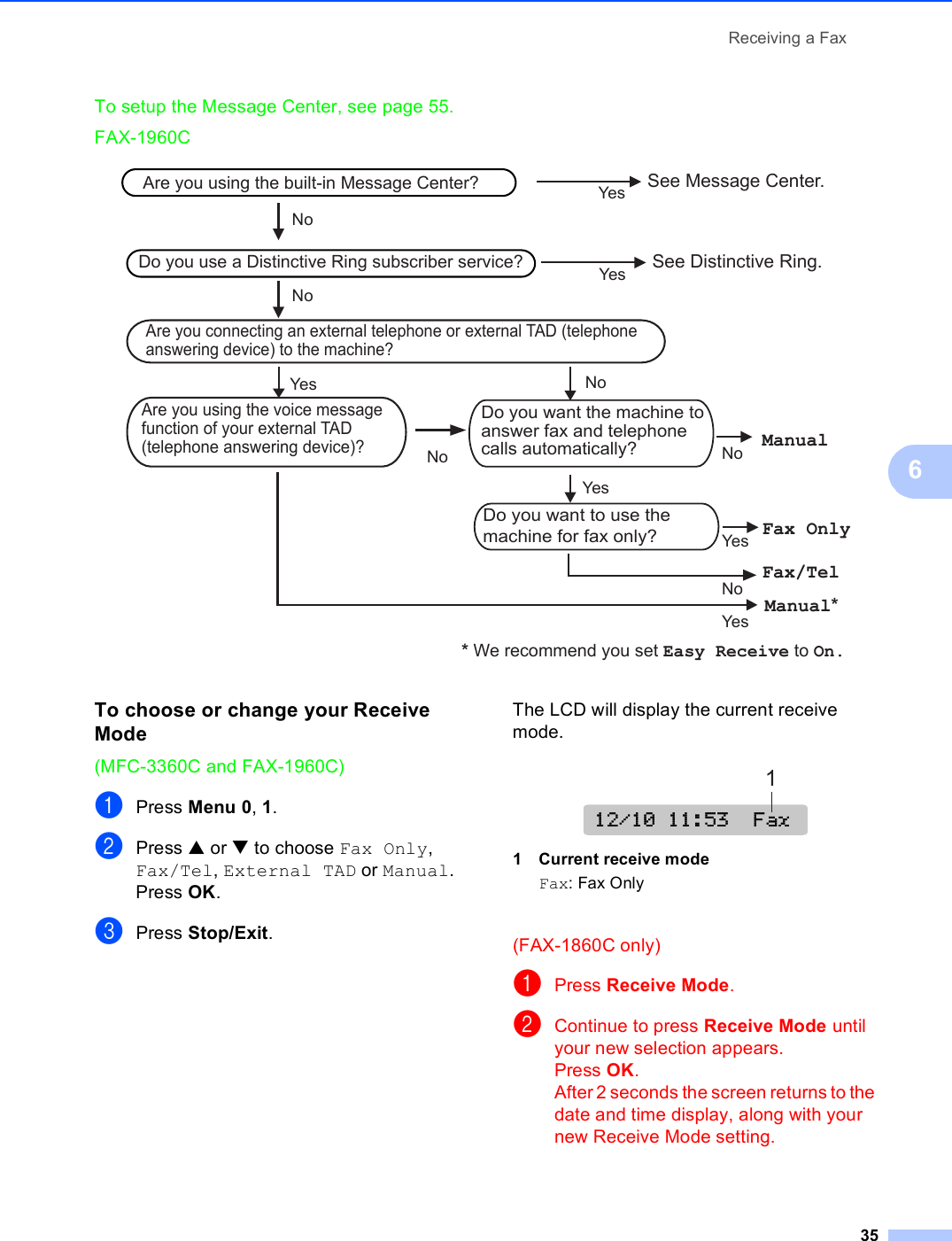 Receiving a Fax356To setup the Message Center, see page 55.FAX-1960C To choose or change your Receive Mode 6(MFC-3360C and FAX-1960C)aPress Menu 0, 1.bPress a or b to choose Fax Only, Fax/Tel, External TAD or Manual.Press OK.cPress Stop/Exit.The LCD will display the current receive mode. 1 Current receive modeFax: Fax Only(FAX-1860C only)aPress Receive Mode.bContinue to press Receive Mode until your new selection appears.Press OK.After 2 seconds the screen returns to the date and time display, along with your new Receive Mode setting.Do you use a Distinctive Ring subscriber service?YesYesSee Distinctive Ring.Fax OnlyNoYesNoNoNoYesManualYesNo Fax/TelAre you connecting an external telephone or external TAD (telephone answering device) to the machine?Do you want the machine to answer fax and telephone calls automatically?Are you using the voice message function of your external TAD  (telephone answering device)?Do you want to use the  machine for fax only?Are you using the built-in Message Center? See Message Center.NoYesManual* * We recommend you set Easy Receive to On.12/10 11:53  Fax12/10 11:53  Fax1