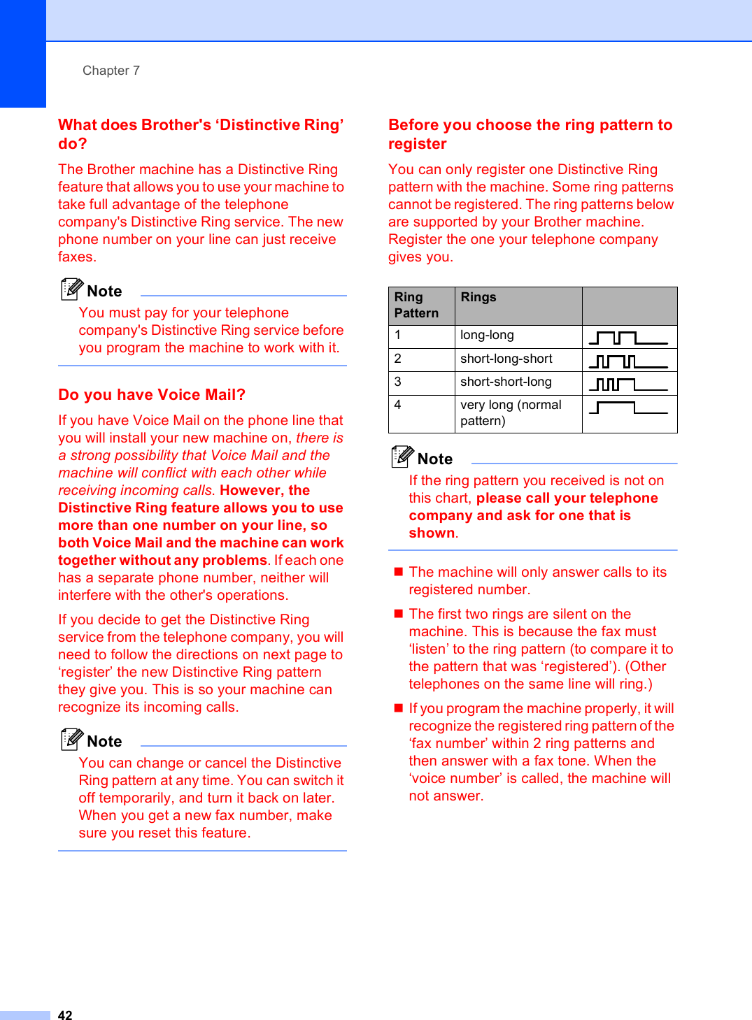 Chapter 742What does Brother&apos;s ‘Distinctive Ring’ do? 7The Brother machine has a Distinctive Ring feature that allows you to use your machine to take full advantage of the telephone company&apos;s Distinctive Ring service. The new phone number on your line can just receive faxes.NoteYou must pay for your telephone company&apos;s Distinctive Ring service before you program the machine to work with it. Do you have Voice Mail? 7If you have Voice Mail on the phone line that you will install your new machine on, there is a strong possibility that Voice Mail and the machine will conflict with each other while receiving incoming calls. However, the Distinctive Ring feature allows you to use more than one number on your line, so both Voice Mail and the machine can work together without any problems. If each one has a separate phone number, neither will interfere with the other&apos;s operations.If you decide to get the Distinctive Ring service from the telephone company, you will need to follow the directions on next page to ‘register’ the new Distinctive Ring pattern they give you. This is so your machine can recognize its incoming calls.NoteYou can change or cancel the Distinctive Ring pattern at any time. You can switch it off temporarily, and turn it back on later. When you get a new fax number, make sure you reset this feature. Before you choose the ring pattern to register 7You can only register one Distinctive Ring pattern with the machine. Some ring patterns cannot be registered. The ring patterns below are supported by your Brother machine. Register the one your telephone company gives you.NoteIf the ring pattern you received is not on this chart, please call your telephone company and ask for one that is shown. The machine will only answer calls to its registered number.The first two rings are silent on the machine. This is because the fax must ‘listen’ to the ring pattern (to compare it to the pattern that was ‘registered’). (Other telephones on the same line will ring.)If you program the machine properly, it will recognize the registered ring pattern of the ‘fax number’ within 2 ring patterns and then answer with a fax tone. When the ‘voice number’ is called, the machine will not answer.Ring PatternRings1 long-long  2 short-long-short  3 short-short-long  4 very long (normal pattern) 