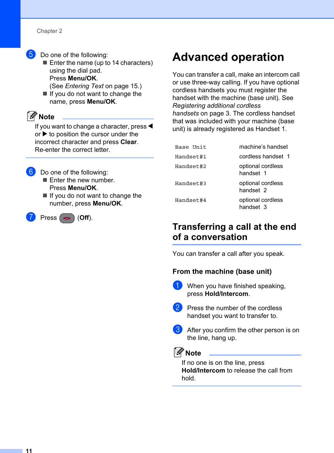 Chapter 211eDo one of the following:Enter the name (up to 14 characters) using the dial pad.Press Menu/OK.(See Entering Text on page 15.)If you do not want to change the name, press Menu/OK.NoteIf you want to change a character, press dor c to position the cursor under the incorrect character and press Clear.Re-enter the correct letter.fDo one of the following:Enter the new number.Press Menu/OK.If you do not want to change the number, press Menu/OK.gPress (Off).Advanced operation 2You can transfer a call, make an intercom call or use three-way calling. If you have optional cordless handsets you must register the handset with the machine (base unit). See Registering additional cordless handsets on page 3. The cordless handset that was included with your machine (base unit) is already registered as Handset 1.Transferring a call at the end of a conversation 2You can transfer a call after you speak.From the machine (base unit) 2aWhen you have finished speaking, press Hold/Intercom.bPress the number of the cordless handset you want to transfer to.cAfter you confirm the other person is on the line, hang up.NoteIf no one is on the line, press Hold/Intercom to release the call from hold.Base Unit machine’s handsetHandset#1 cordless handset 1Handset#2 optional cordless handset 1Handset#3 optional cordless handset 2Handset#4 optional cordless handset 3