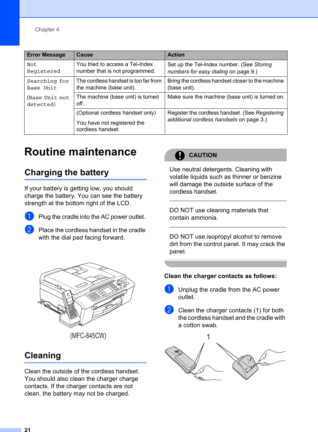 Chapter 421Routine maintenance 4Charging the battery 4If your battery is getting low, you should charge the battery. You can see the battery strength at the bottom right of the LCD. aPlug the cradle into the AC power outlet. bPlace the cordless handset in the cradle with the dial pad facing forward.Cleaning 4Clean the outside of the cordless handset. You should also clean the charger charge contacts. If the charger contacts are not clean, the battery may not be charged.CAUTIONUse neutral detergents. Cleaning with volatile liquids such as thinner or benzine will damage the outside surface of the cordless handset.DO NOT use cleaning materials that contain ammonia.DO NOT use isopropyl alcohol to remove dirt from the control panel. It may crack the panel.Clean the charger contacts as follows: 4aUnplug the cradle from the AC power outlet.bClean the charger contacts (1) for both the cordless handset and the cradle with a cotton swab.Not RegisteredYou tried to access a Tel-Index number that is not programmed.Set up the Tel-Index number. (See Storingnumbers for easy dialing on page 9.)Searching for Base Unit(Base Unit not detected)The cordless handset is too far from the machine (base unit).Bring the cordless handset closer to the machine (base unit).The machine (base unit) is turned off.Make sure the machine (base unit) is turned on.(Optional cordless handset only)You have not registered the cordless handset.Register the cordless handset. (See Registering additional cordless handsets on page 3.)Error Message Cause Action(MFC-845CW)1