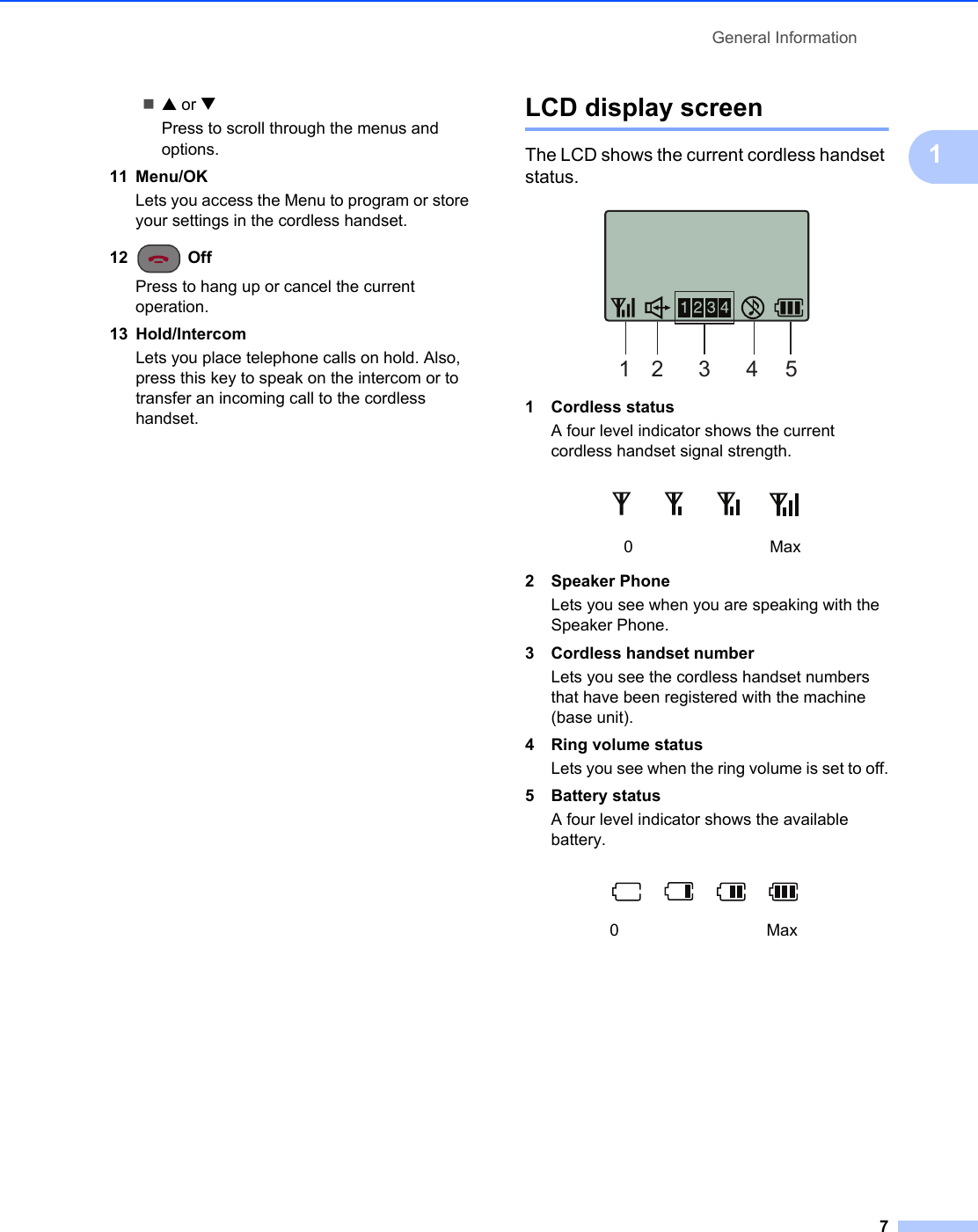 General Information71a or bPress to scroll through the menus and options.11 Menu/OKLets you access the Menu to program or store your settings in the cordless handset.12  OffPress to hang up or cancel the current operation.13 Hold/Intercom Lets you place telephone calls on hold. Also, press this key to speak on the intercom or to transfer an incoming call to the cordless handset.LCD display screen 1The LCD shows the current cordless handset status. 1 Cordless statusA four level indicator shows the current cordless handset signal strength.2 Speaker PhoneLets you see when you are speaking with the Speaker Phone.3 Cordless handset numberLets you see the cordless handset numbers that have been registered with the machine (base unit). 4 Ring volume statusLets you see when the ring volume is set to off.5 Battery statusA four level indicator shows the available battery.0Max0Max12 3 4 5