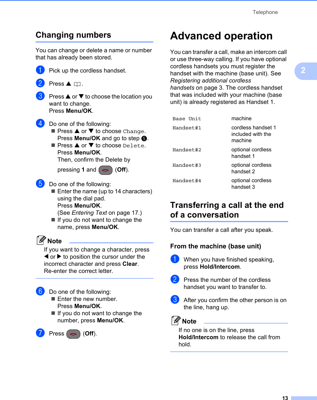 Telephone132Changing numbers 2You can change or delete a name or number that has already been stored. aPick up the cordless handset.bPress a .cPress a or b to choose the location you want to change.Press Menu/OK.dDo one of the following:Press a or b to choose Change.Press Menu/OK and go to step e.Press a or b to choose Delete.Press Menu/OK.Then, confirm the Delete by pressing 1 and  (Off).eDo one of the following:Enter the name (up to 14 characters) using the dial pad.Press Menu/OK.(See Entering Text on page 17.)If you do not want to change the name, press Menu/OK.NoteIf you want to change a character, press d or c to position the cursor under the incorrect character and press Clear. Re-enter the correct letter. fDo one of the following:Enter the new number.Press Menu/OK.If you do not want to change the number, press Menu/OK.gPress (Off).Advanced operation 2You can transfer a call, make an intercom call or use three-way calling. If you have optional cordless handsets you must register the handset with the machine (base unit). See Registering additional cordless handsets on page 3. The cordless handset that was included with your machine (base unit) is already registered as Handset 1.Transferring a call at the end of a conversation 2You can transfer a call after you speak.From the machine (base unit) 2aWhen you have finished speaking, press Hold/Intercom. bPress the number of the cordless handset you want to transfer to.cAfter you confirm the other person is on the line, hang up.NoteIf no one is on the line, press Hold/Intercom to release the call from hold. Base Unit machineHandset#1 cordless handset 1 included with the machineHandset#2 optional cordless handset 1Handset#3 optional cordless handset 2Handset#4 optional cordless handset 3