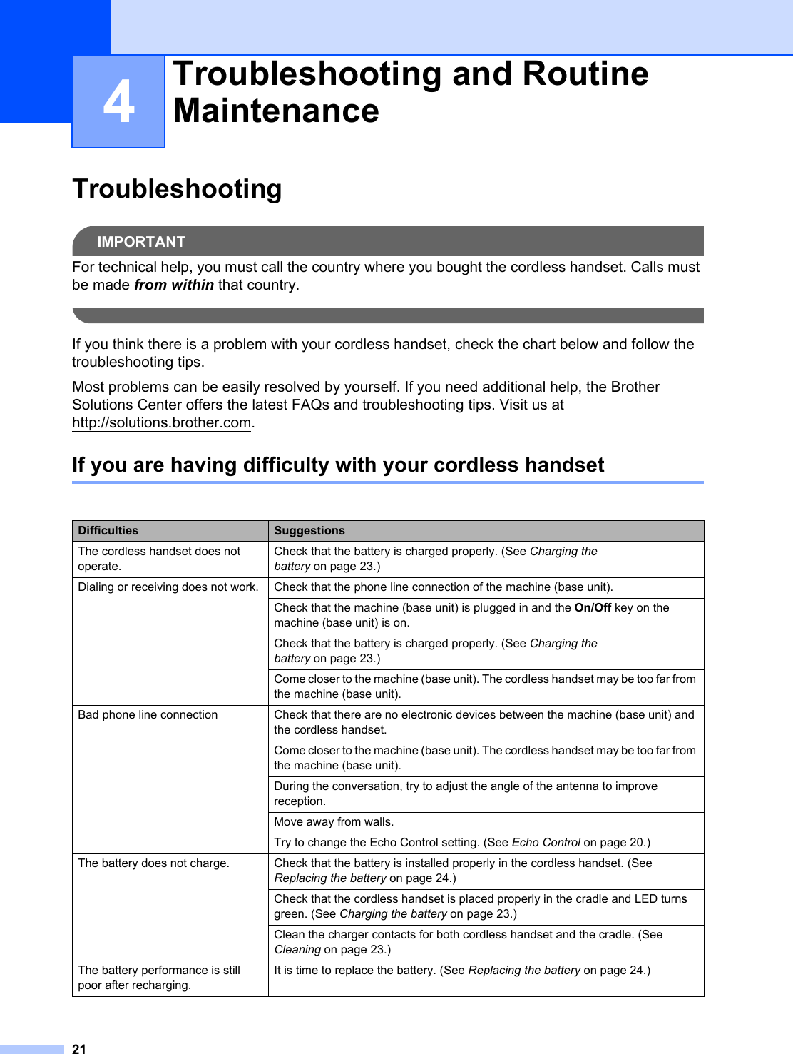 214Troubleshooting 4IMPORTANTFor technical help, you must call the country where you bought the cordless handset. Calls must be made from within that country. If you think there is a problem with your cordless handset, check the chart below and follow the troubleshooting tips. Most problems can be easily resolved by yourself. If you need additional help, the Brother Solutions Center offers the latest FAQs and troubleshooting tips. Visit us at http://solutions.brother.com.If you are having difficulty with your cordless handset 4Troubleshooting and Routine Maintenance 4Difficulties SuggestionsThe cordless handset does not operate.Check that the battery is charged properly. (See Charging the battery on page 23.)Dialing or receiving does not work.  Check that the phone line connection of the machine (base unit). Check that the machine (base unit) is plugged in and the On/Off key on the machine (base unit) is on. Check that the battery is charged properly. (See Charging the battery on page 23.)Come closer to the machine (base unit). The cordless handset may be too far from the machine (base unit).Bad phone line connection Check that there are no electronic devices between the machine (base unit) and the cordless handset.Come closer to the machine (base unit). The cordless handset may be too far from the machine (base unit).During the conversation, try to adjust the angle of the antenna to improve reception.Move away from walls.Try to change the Echo Control setting. (See Echo Control on page 20.)The battery does not charge. Check that the battery is installed properly in the cordless handset. (See Replacing the battery on page 24.)Check that the cordless handset is placed properly in the cradle and LED turns green. (See Charging the battery on page 23.)Clean the charger contacts for both cordless handset and the cradle. (See Cleaning on page 23.)The battery performance is still poor after recharging.It is time to replace the battery. (See Replacing the battery on page 24.)