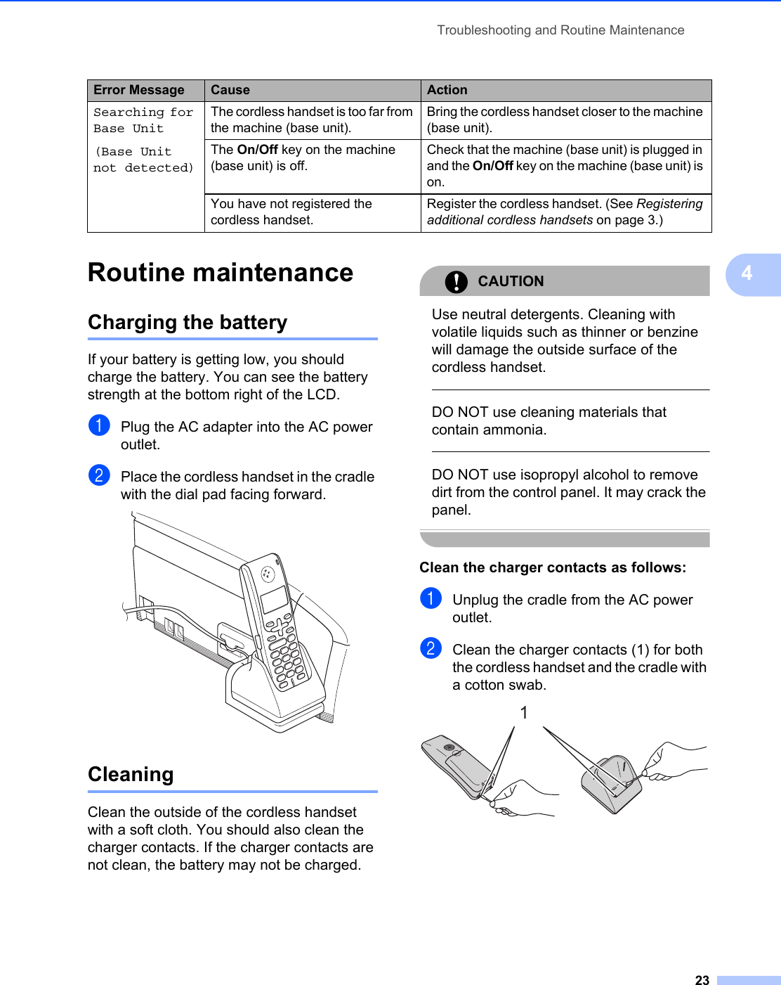 Troubleshooting and Routine Maintenance234Routine maintenance 4Charging the battery 4If your battery is getting low, you should charge the battery. You can see the battery strength at the bottom right of the LCD. aPlug the AC adapter into the AC power outlet. bPlace the cordless handset in the cradle with the dial pad facing forward. Cleaning 4Clean the outside of the cordless handset with a soft cloth. You should also clean the charger contacts. If the charger contacts are not clean, the battery may not be charged.CAUTION Use neutral detergents. Cleaning with volatile liquids such as thinner or benzine will damage the outside surface of the cordless handset.  DO NOT use cleaning materials that contain ammonia.  DO NOT use isopropyl alcohol to remove dirt from the control panel. It may crack the panel. Clean the charger contacts as follows: 4aUnplug the cradle from the AC power outlet.bClean the charger contacts (1) for both the cordless handset and the cradle with a cotton swab. Searching for Base Unit(Base Unit not detected)The cordless handset is too far from the machine (base unit).Bring the cordless handset closer to the machine (base unit).The On/Off key on the machine (base unit) is off.Check that the machine (base unit) is plugged in and the On/Off key on the machine (base unit) is on.You have not registered the cordless handset.Register the cordless handset. (See Registering additional cordless handsets on page 3.)Error Message Cause Action1