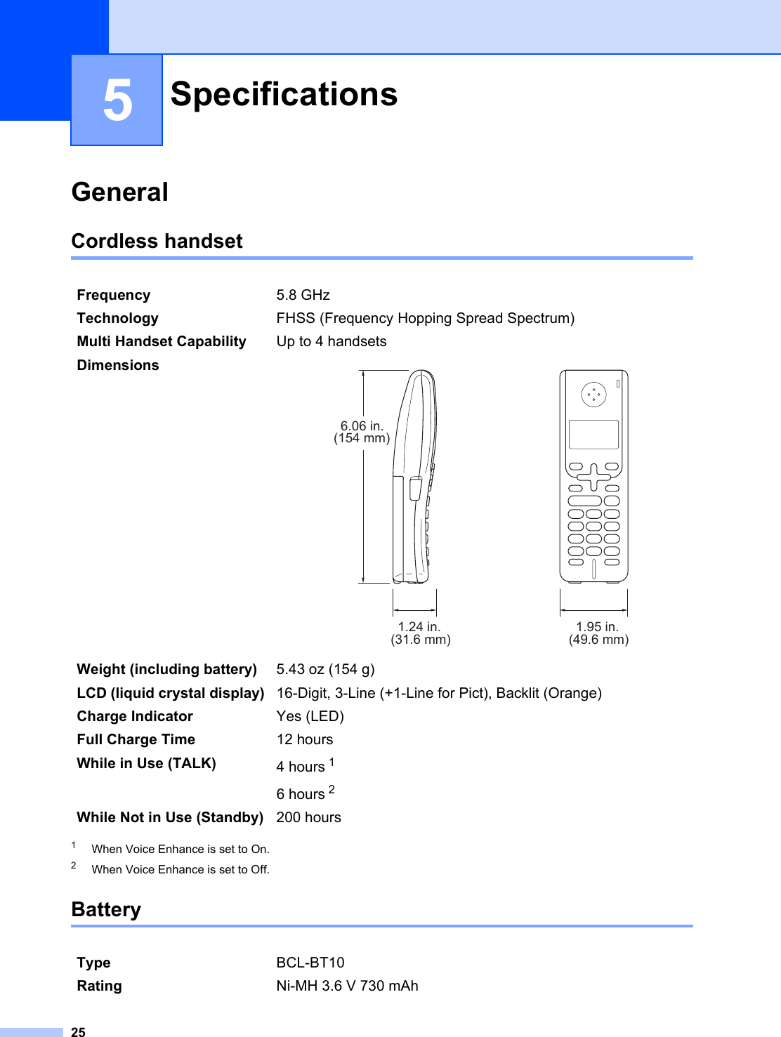 255General 5Cordless handset 51When Voice Enhance is set to On.2When Voice Enhance is set to Off.Battery 5Specifications 5Frequency 5.8 GHz Technology FHSS (Frequency Hopping Spread Spectrum)Multi Handset Capability Up to 4 handsetsDimensions  Weight (including battery) 5.43 oz (154 g)LCD (liquid crystal display) 16-Digit, 3-Line (+1-Line for Pict), Backlit (Orange)Charge Indicator Yes (LED)Full Charge Time 12 hoursWhile in Use (TALK) 4 hours 16 hours 2While Not in Use (Standby) 200 hoursType BCL-BT10Rating Ni-MH 3.6 V 730 mAh6.06 in.(154 mm)1.24 in.(31.6 mm) 1.95 in.(49.6 mm)