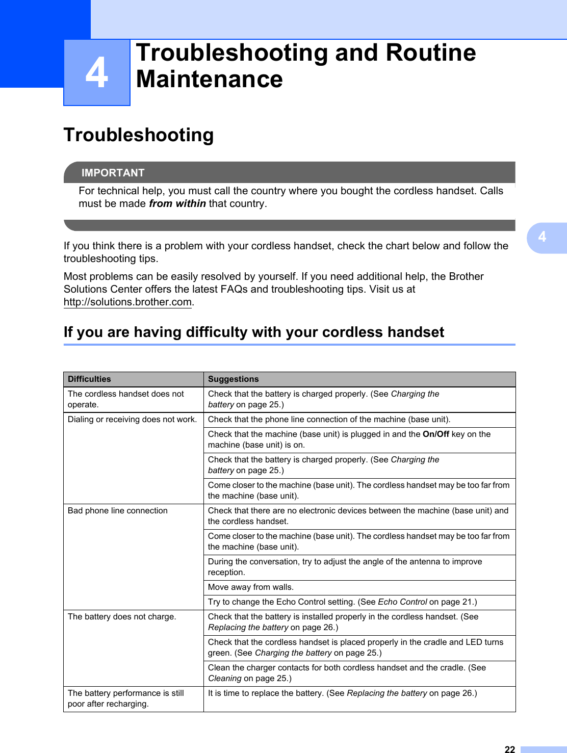 2244Troubleshooting 4IMPORTANTFor technical help, you must call the country where you bought the cordless handset. Calls must be made from within that country. If you think there is a problem with your cordless handset, check the chart below and follow the troubleshooting tips. Most problems can be easily resolved by yourself. If you need additional help, the Brother Solutions Center offers the latest FAQs and troubleshooting tips. Visit us at http://solutions.brother.com.If you are having difficulty with your cordless handset 4Troubleshooting and Routine Maintenance 4Difficulties SuggestionsThe cordless handset does not operate.Check that the battery is charged properly. (See Charging the battery on page 25.)Dialing or receiving does not work.  Check that the phone line connection of the machine (base unit). Check that the machine (base unit) is plugged in and the On/Off key on the machine (base unit) is on. Check that the battery is charged properly. (See Charging the battery on page 25.)Come closer to the machine (base unit). The cordless handset may be too far from the machine (base unit).Bad phone line connection Check that there are no electronic devices between the machine (base unit) and the cordless handset.Come closer to the machine (base unit). The cordless handset may be too far from the machine (base unit).During the conversation, try to adjust the angle of the antenna to improve reception.Move away from walls.Try to change the Echo Control setting. (See Echo Control on page 21.)The battery does not charge. Check that the battery is installed properly in the cordless handset. (See Replacing the battery on page 26.)Check that the cordless handset is placed properly in the cradle and LED turns green. (See Charging the battery on page 25.)Clean the charger contacts for both cordless handset and the cradle. (See Cleaning on page 25.)The battery performance is still poor after recharging.It is time to replace the battery. (See Replacing the battery on page 26.)