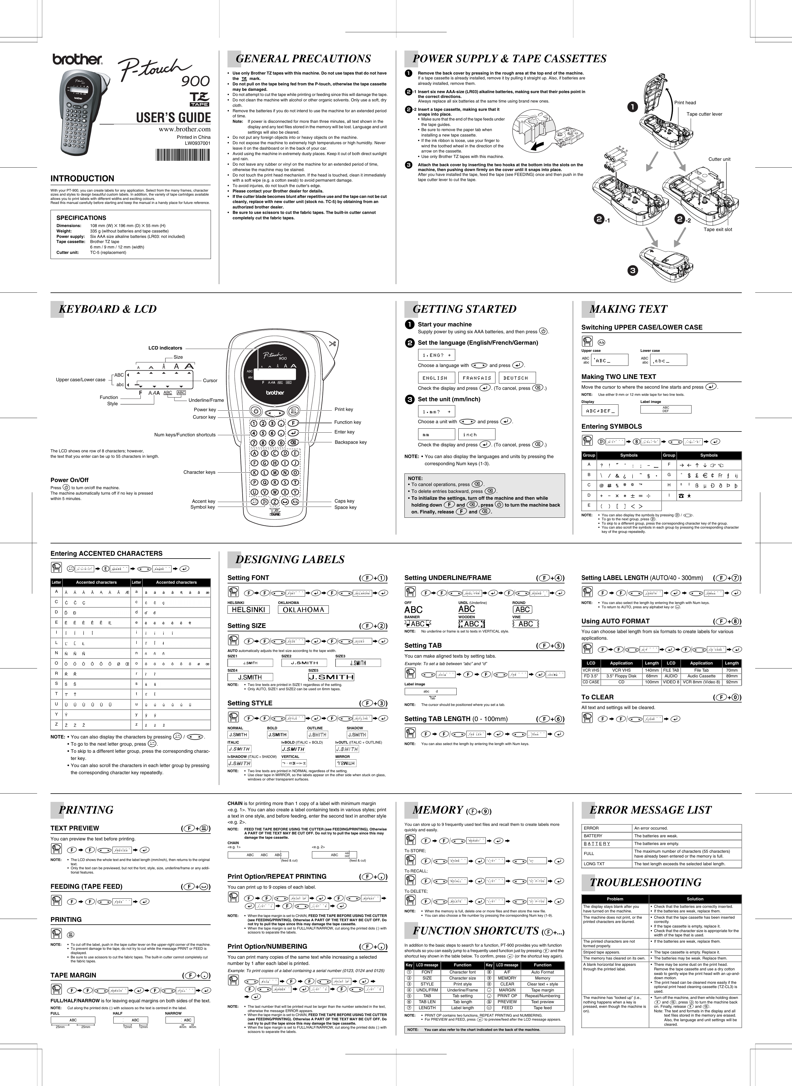 Page 1 of 1 - Brother Brother-P-Touch-Pt-900-Users-Manual-  Brother-p-touch-pt-900-users-manual