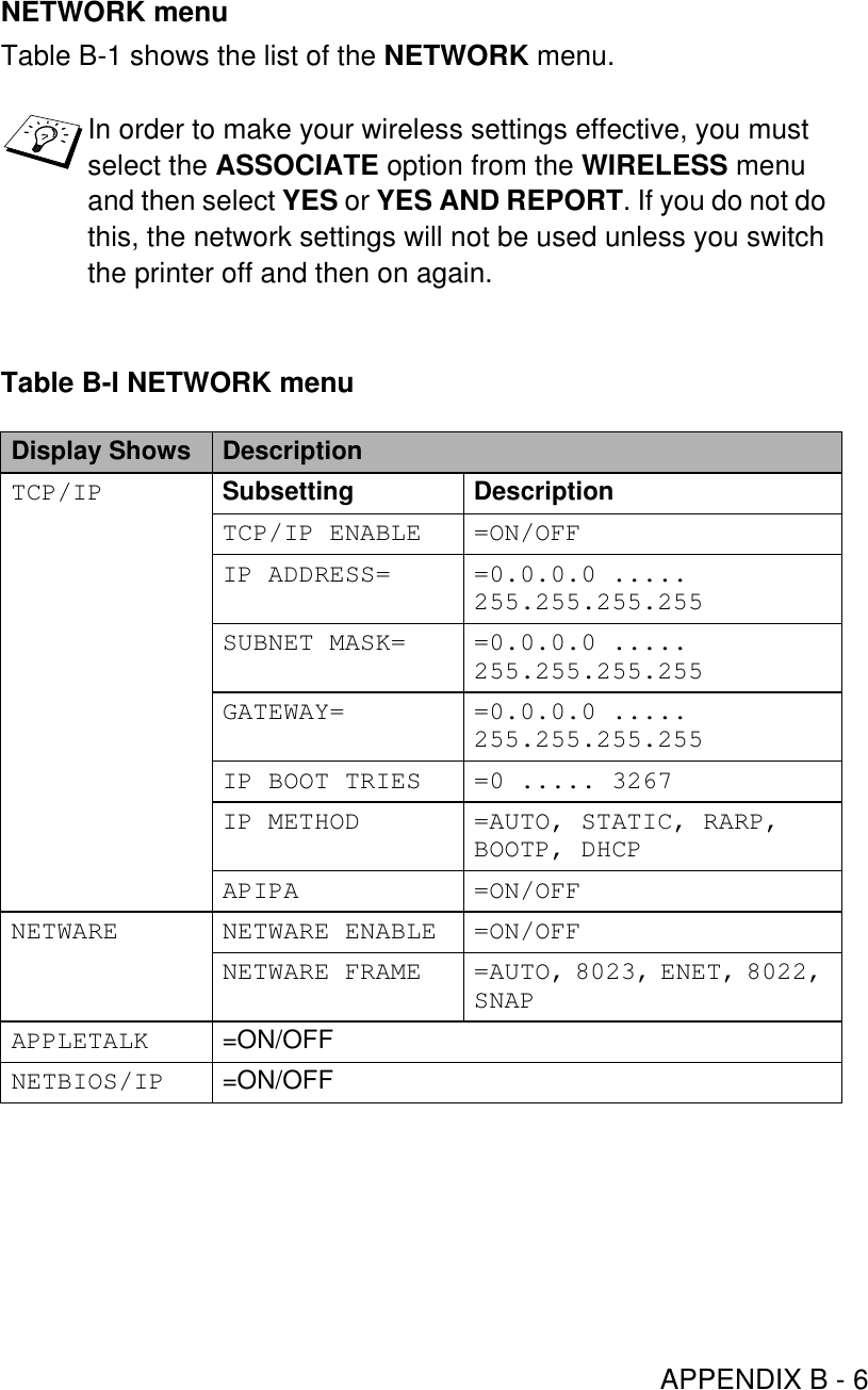 APPENDIX B - 6NETWORK menuTable B-1 shows the list of the NETWORK menu.In order to make your wireless settings effective, you must select the ASSOCIATE option from the WIRELESS menu and then select YES or YES AND REPORT. If you do not do this, the network settings will not be used unless you switch the printer off and then on again.Table B-I NETWORK menuDisplay Shows DescriptionTCP/IP Subsetting DescriptionTCP/IP ENABLE =ON/OFFIP ADDRESS= =0.0.0.0 ..... 255.255.255.255SUBNET MASK= =0.0.0.0 ..... 255.255.255.255GATEWAY= =0.0.0.0 ..... 255.255.255.255IP BOOT TRIES =0 ..... 3267IP METHOD =AUTO, STATIC, RARP, BOOTP, DHCPAPIPA =ON/OFFNETWARE NETWARE ENABLE =ON/OFFNETWARE  FRAME =AUTO, 8023, ENET, 8022, SNAPAPPLETALK =ON/OFFNETBIOS/IP =ON/OFF