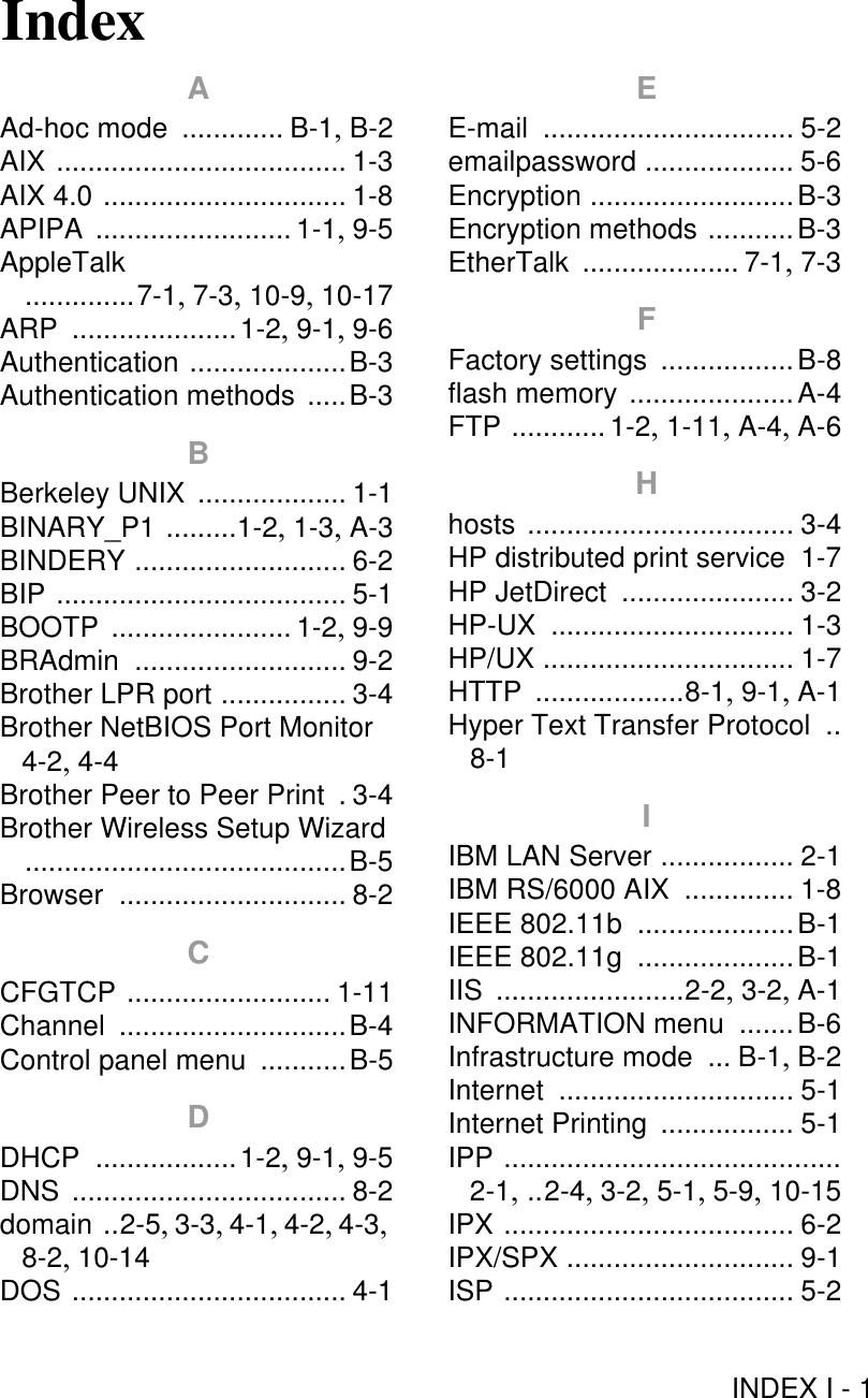 INDEX I - 1IIndexAAd-hoc mode ............. B-1, B-2AIX ..................................... 1-3AIX 4.0 ............................... 1-8APIPA ......................... 1-1, 9-5AppleTalk ..............7-1, 7-3, 10-9, 10-17ARP .....................1-2, 9-1, 9-6Authentication ....................B-3Authentication methods .....B-3BBerkeley UNIX ................... 1-1BINARY_P1 .........1-2, 1-3, A-3BINDERY ........................... 6-2BIP ..................................... 5-1BOOTP ....................... 1-2, 9-9BRAdmin ........................... 9-2Brother LPR port ................ 3-4Brother NetBIOS Port Monitor 4-2, 4-4Brother Peer to Peer Print .3-4Brother Wireless Setup Wizard .........................................B-5Browser ............................. 8-2CCFGTCP .......................... 1-11Channel .............................B-4Control panel menu ...........B-5DDHCP ..................1-2, 9-1, 9-5DNS ................................... 8-2domain ..2-5, 3-3, 4-1, 4-2, 4-3, 8-2, 10-14DOS ................................... 4-1EE-mail ................................ 5-2emailpassword ................... 5-6Encryption ..........................B-3Encryption methods ...........B-3EtherTalk .................... 7-1, 7-3FFactory settings .................B-8flash memory .....................A-4FTP ............ 1-2, 1-11, A-4, A-6Hhosts .................................. 3-4HP distributed print service 1-7HP JetDirect ...................... 3-2HP-UX ............................... 1-3HP/UX ................................ 1-7HTTP ...................8-1, 9-1, A-1Hyper Text Transfer Protocol ..8-1IIBM LAN Server ................. 2-1IBM RS/6000 AIX .............. 1-8IEEE 802.11b ....................B-1IEEE 802.11g ....................B-1IIS ........................2-2, 3-2, A-1INFORMATION menu .......B-6Infrastructure mode ... B-1, B-2Internet .............................. 5-1Internet Printing ................. 5-1IPP ...........................................2-1, ..2-4, 3-2, 5-1, 5-9, 10-15IPX ..................................... 6-2IPX/SPX ............................. 9-1ISP ..................................... 5-2