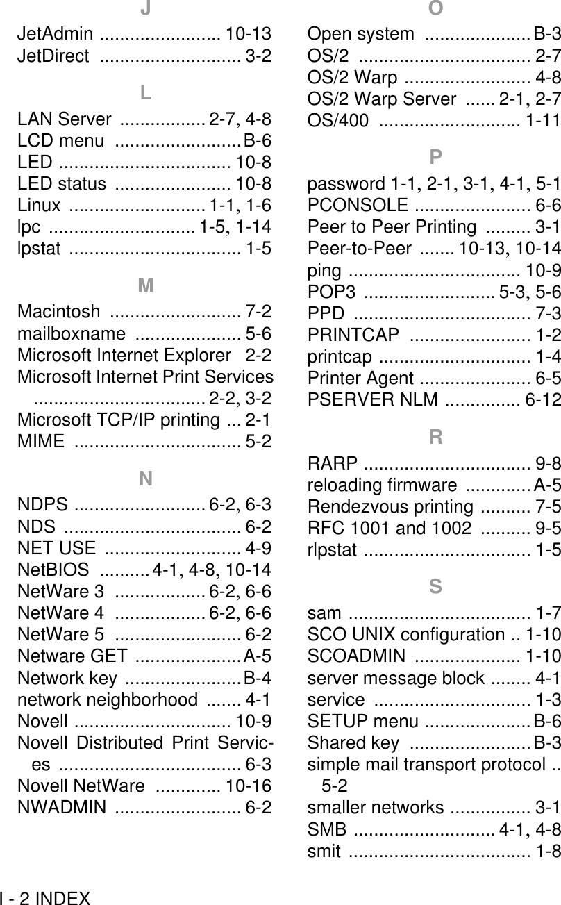 I - 2 INDEXJJetAdmin ........................ 10-13JetDirect ............................ 3-2LLAN Server ................. 2-7, 4-8LCD menu .........................B-6LED .................................. 10-8LED status ....................... 10-8Linux ........................... 1-1, 1-6lpc ............................. 1-5, 1-14lpstat .................................. 1-5MMacintosh .......................... 7-2mailboxname ..................... 5-6Microsoft Internet Explorer 2-2Microsoft Internet Print Services.................................. 2-2, 3-2Microsoft TCP/IP printing ... 2-1MIME ................................. 5-2NNDPS .......................... 6-2, 6-3NDS ................................... 6-2NET USE ........................... 4-9NetBIOS ..........4-1, 4-8, 10-14NetWare 3 .................. 6-2, 6-6NetWare 4 .................. 6-2, 6-6NetWare 5 ......................... 6-2Netware GET .....................A-5Network key .......................B-4network neighborhood ....... 4-1Novell ............................... 10-9Novell Distributed Print Servic-es .................................... 6-3Novell NetWare ............. 10-16NWADMIN ......................... 6-2OOpen system .....................B-3OS/2 .................................. 2-7OS/2 Warp ......................... 4-8OS/2 Warp Server ...... 2-1, 2-7OS/400 ............................ 1-11Ppassword 1-1, 2-1, 3-1, 4-1, 5-1PCONSOLE ....................... 6-6Peer to Peer Printing ......... 3-1Peer-to-Peer ....... 10-13, 10-14ping .................................. 10-9POP3 .......................... 5-3, 5-6PPD ................................... 7-3PRINTCAP ........................ 1-2printcap .............................. 1-4Printer Agent ...................... 6-5PSERVER NLM ............... 6-12RRARP ................................. 9-8reloading firmware .............A-5Rendezvous printing .......... 7-5RFC 1001 and 1002 .......... 9-5rlpstat ................................. 1-5Ssam .................................... 1-7SCO UNIX configuration .. 1-10SCOADMIN ..................... 1-10server message block ........ 4-1service ............................... 1-3SETUP menu .....................B-6Shared key ........................B-3simple mail transport protocol ..5-2smaller networks ................ 3-1SMB ............................ 4-1, 4-8smit .................................... 1-8