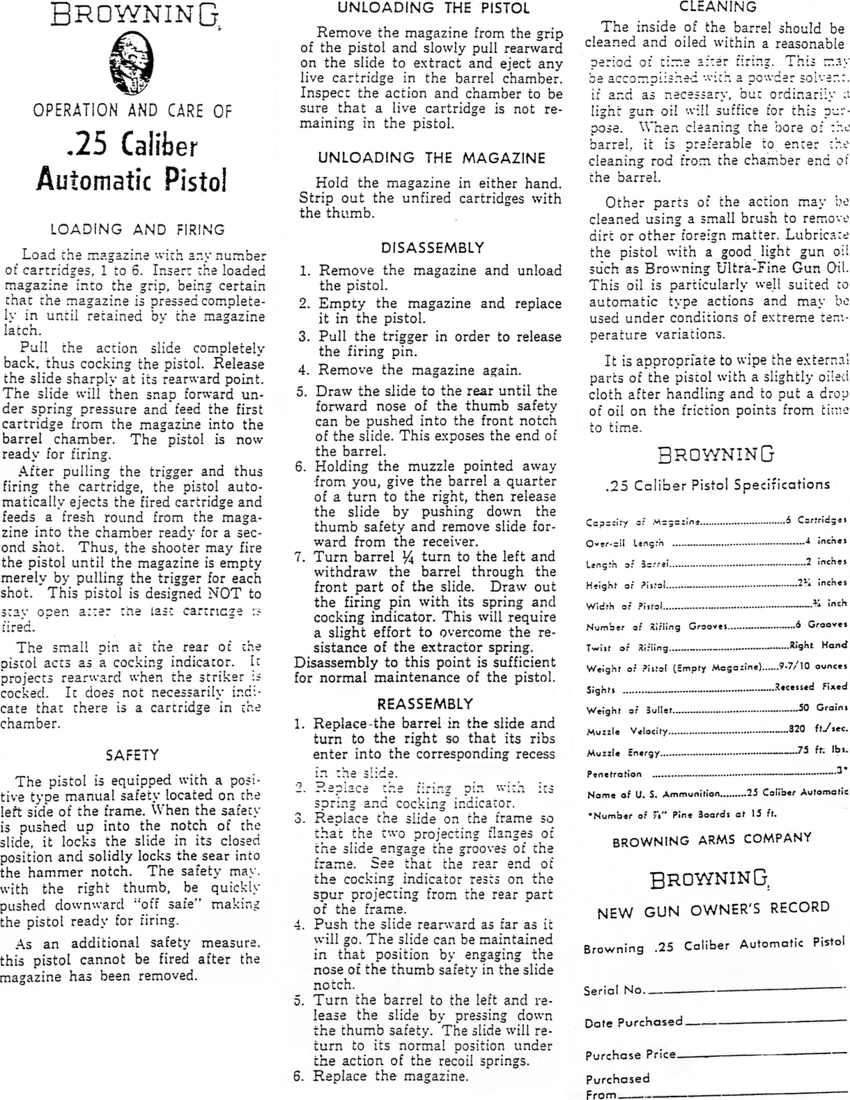 Page 1 of 7 - Browning Browning-25-Automatic-Pistol-Owners-Manual-  Browning-25-automatic-pistol-owners-manual