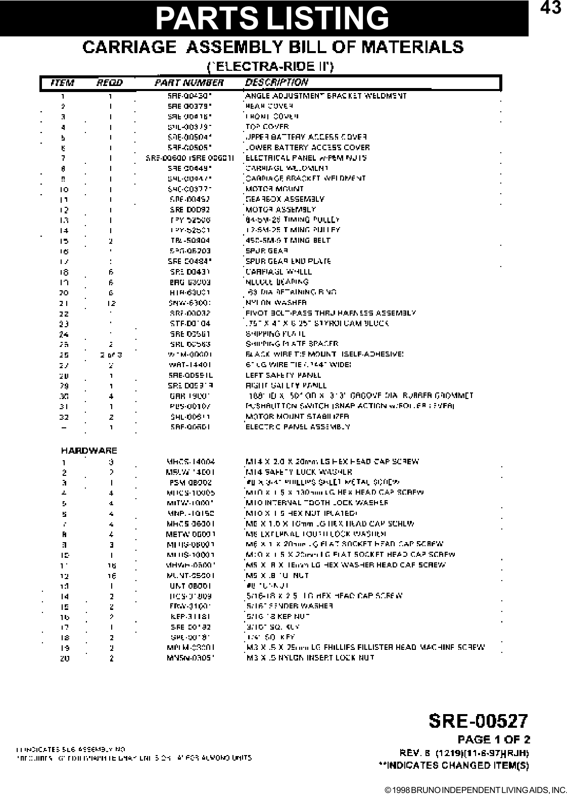 © 1998 BRUNO INDEPENDENT LIVING AIDS, INC.43PARTS LISTING
