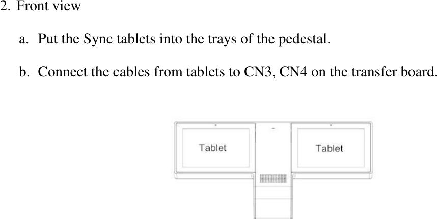 2. Front view a. Put the Sync tablets into the trays of the pedestal. b. Connect the cables from tablets to CN3, CN4 on the transfer board.                          