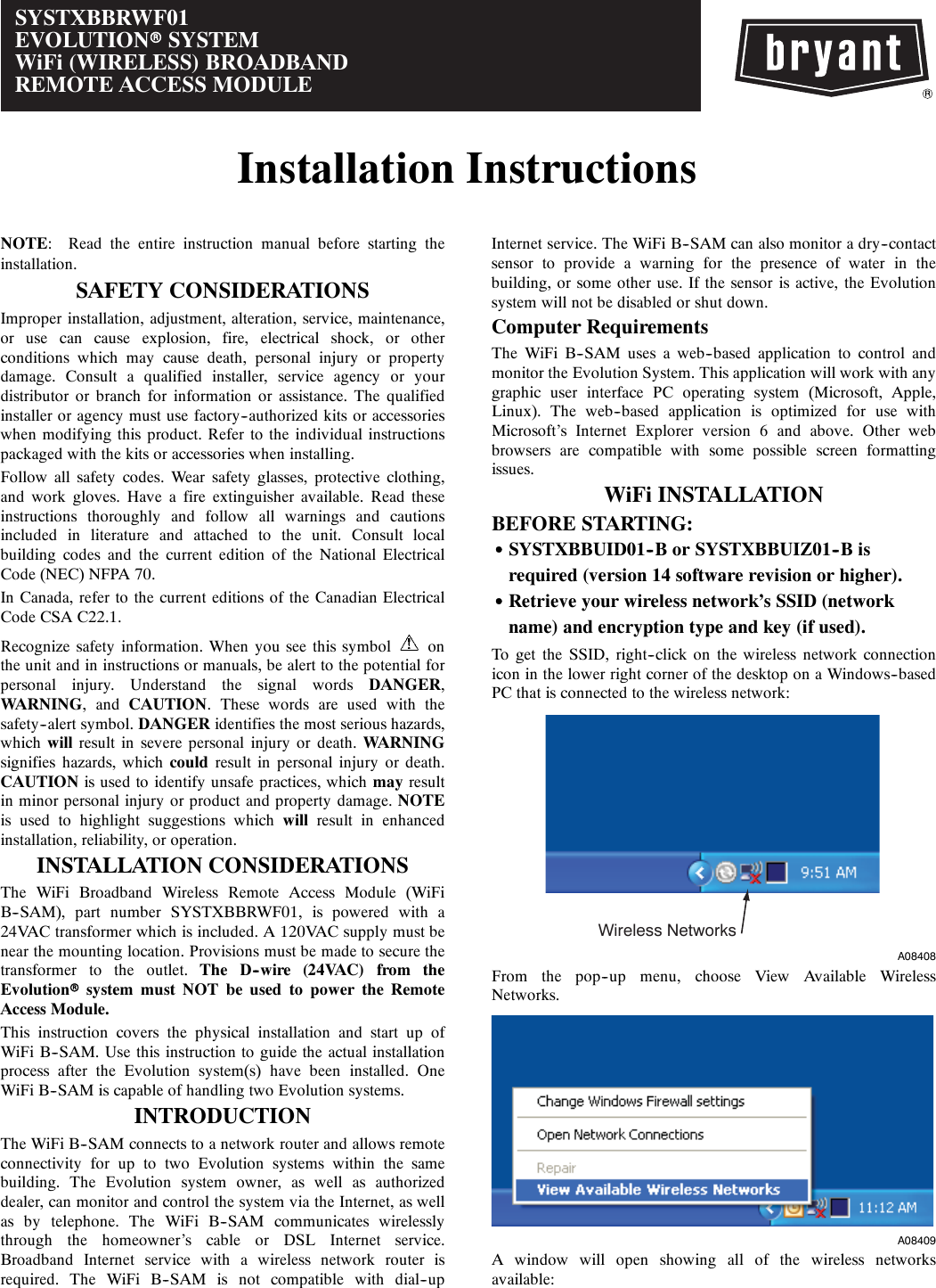 Page 1 of 6 - Bryant Bryant-Evolutionr-System-Systxbbrwf01-Users-Manual- Iibbrwf-01  Bryant-evolutionr-system-systxbbrwf01-users-manual