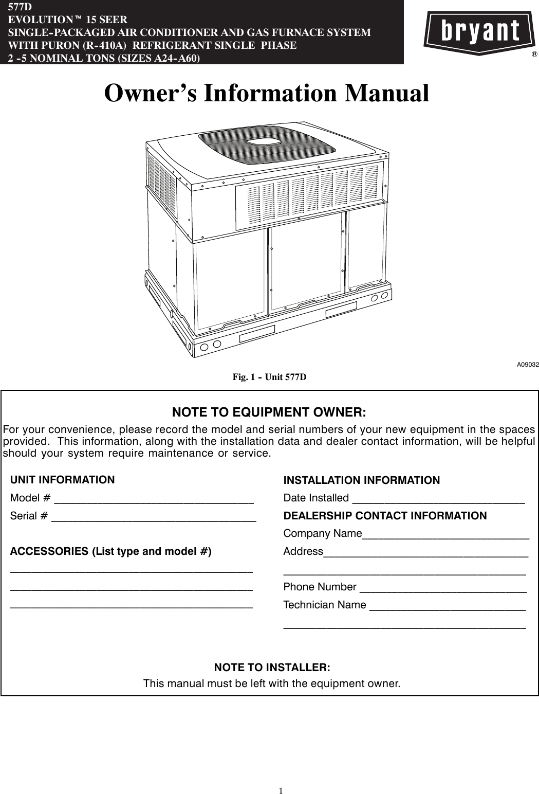 Page 1 of 8 - Bryant Bryant-Single-Packaged-And-Gas-Furnace-System-577D-Users-Manual- OM577D-01  Bryant-single-packaged-and-gas-furnace-system-577d-users-manual