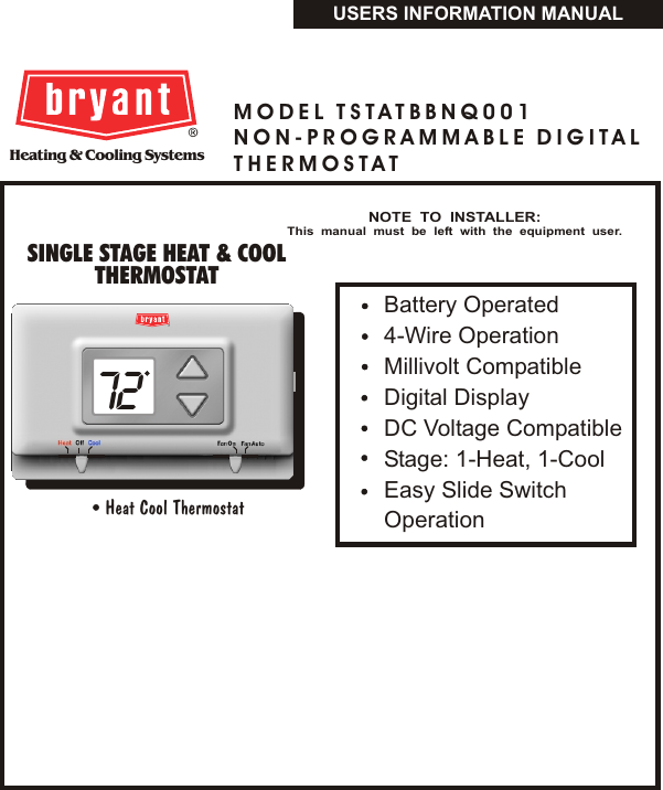 Bryant Tstatbbnq001 Users Manual