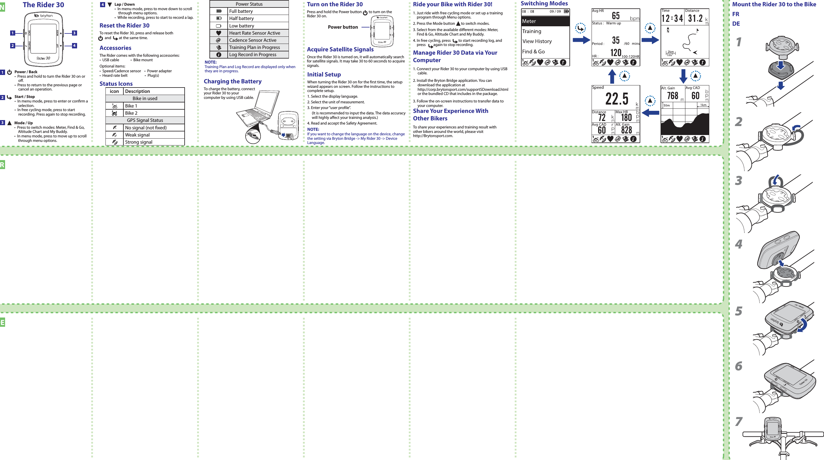 ENFRDE2146753Mount the Rider 30 to the BikeFRDE12430BACKSTART/RECMODELAP1234NOTE: Training Plan and Log Record are displayed only when they are in progress.Charging the BatteryAcquire Satellite SignalsOnce the Rider 30 is turned on, it will automatically search for satellite signals. It may take 30 to 60 seconds to acquire signals. Turn on the Rider 30Press and hold the Power button        to turn on the Rider 30 on.30BACKSTART/RECMODELAPPower buttonThe Rider 30Power / Back•  Press and hold to turn the Rider 30 on or o.•  Press to return to the previous page or cancel an operation.Lap / Down•  In menu mode, press to move down to scroll through menu options.•  While recording, press to start to record a lap. 3Mode / Up•  Press to switch modes: Meter, Find &amp; Go, Altitude Chart and My Buddy.•  In menu mode, press to move up to scroll through menu options.Start / Stop•  In menu mode, press to enter or conrm a selection.•  In free cycling mode, press to start recording. Press again to stop recording.AccessoriesThe Rider comes with the following accessories:•  USB cable            •  Bike mountOptional items:•  Speed/Cadence sensor    •  Power adapter•  Heard rate belt                    •  Plug(s)Reset the Rider 30To reset the Rider 30, press and release both      and         at the same time.Status Iconsicon DescriptionBike in usedBike 1Bike 2GPS Signal StatusNo signal (not xed)Weak signalStrong signalPower StatusFull batteryHalf batteryLow batteryHeart Rate Sensor ActiveCadence Sensor ActiveTraining Plan in ProgressLog Record in Progress Manage Rider 30 Data via Your Computer1. Connect your Rider 30 to your computer by using USB cable.2. Install the Bryton Bridge application. You can download the application at http://corp.brytonsport.com/supportSDownload.html or the bundled CD that includes in the package.3. Follow the on-screen instructions to transfer data to your computer.Share Your Experience With Other BikersTo share your experiences and training result with other bikers around the world, please visit http://Brytonsport.com.Initial SetupWhen turning the Rider 30 on for the rst time, the setup wizard appears on screen. Follow the instructions to complete setup.1. Select the display language.2. Select the unit of measurement.3. Enter your “user prole”.(It is recommended to input the data. The data accuracy will highly aect your training analysis.)4. Read and accept the Safety Agreement.NOTE: If you want to change the language on the device, change the setting via Bryton Bridge -&gt; My Rider 30 -&gt; Device Language.Ride your Bike with Rider 30!1. Just ride with free cycling mode or set up a training program through Menu options.2. Press the Mode button       to switch modes.3. Select from the available dierent modes: Meter, Find &amp; Go, Altitude Chart and My Buddy.4. In free cycling, press         to start recording log, and press         again to stop recording.Switching ModesTo charge the battery, connect your Rider 30 to your computer by using USB cable.30BACKSTART/RECMODELAP