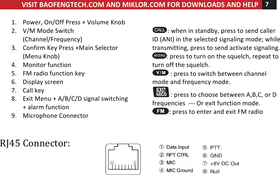 !! ! VISIT!BAOFENGTECH.COM!AND!MIKLOR.COM!FOR!DOWNLOADS!AND!HELP!7!!!1. Power,!On/Off!Press!+!Volume!Knob!2. V/M!Mode!Switch!(Channel/Frequency)!3. Confirm!Key!Press!+Main!Selector!(Menu!Knob)!!!4. Monitor!function!5. FM!radio!function!key!6. Display!screen!7. Call!key!8. Exit!Menu!+!A/B/C/D!signal!switching!+!alarm!function!9. Microphone!Connector!!!!:!when!in!standby,!press!to!send!caller!ID!(ANI)!in!the!selected!signaling!mode;!while!transmitting,!press!to!send!activate!signaling.!!:!press!to!turn!on!the!squelch,!repeat!to!turn!off!the!squelch.!!!:!press!to!switch!between!channel!mode!and!frequency!mode.!!!:!press!to!choose!between!A,B,C,!or!D!frequencies!!---!Or!exit!function!mode.!!:!press!to!enter!and!exit!FM!radio!!RJ45!Connector:!!