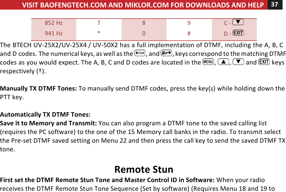 VISIT!BAOFENGTECH.COM!AND!MIKLOR.COM!FOR!DOWNLOADS!AND!HELP!37!!!852!Hz! 7! 8! 9! C!-! !941!Hz! *! 0! #! D!-! !The!BTECH!UV-25X2/UV-25X4!/!UV-50X2!has!a!full!implementation!of!DTMF,!including!the!A,!B,!C!and!D!codes.!The!numerical!keys,!as!well!as!the! ,!and! ,!keys!correspond!to!the!matching!DTMF!codes!as!you!would!expect.!The!A,!B,!C!and!D!codes!are!located!in!the! ,! ,! !and! !keys!respectively!(†).!!Manually!TX!DTMF!Tones:!To!manually!send!DTMF!codes,!press!the!key(s)!while!holding!down!the!PTT!key.!!!Automatically!TX!DTMF!Tones:!Save!it!to!Memory!and!Transmit:!You!can!also!program!a!DTMF!tone!to!the!saved!calling!list!(requires!the!PC!software)!to!the!one!of!the!15!Memory!call!banks!in!the!radio.!To!transmit!select!the!Pre-set!DTMF!saved!setting!on!Menu!22!and!then!press!the!call!key!to!send!the!saved!DTMF!TX!tone.!!Remote!Stun!First!set!the!DTMF!Remote!Stun!Tone!and!Master!Control!ID!in!Software:!When!your!radio!receives!the!DTMF!Remote!Stun!Tone!Sequence!(Set!by!software)!(Requires!Menu!18!and!19!to!