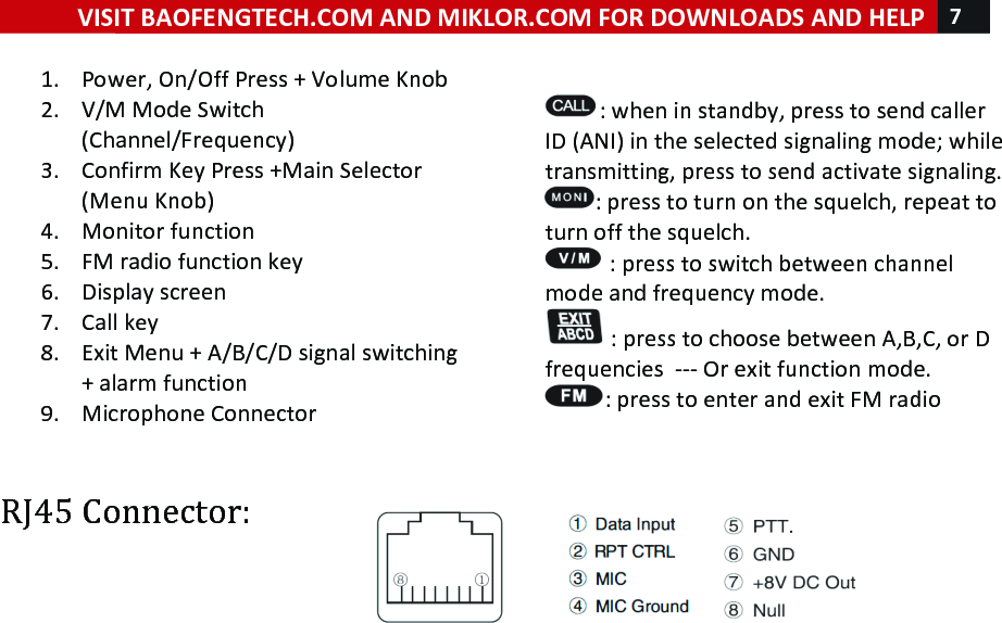 !! ! VISIT!BAOFENGTECH.COM!AND!MIKLOR.COM!FOR!DOWNLOADS!AND!HELP!7!!!1. Power,!On/Off!Press!+!Volume!Knob!2. V/M!Mode!Switch!(Channel/Frequency)!3. Confirm!Key!Press!+Main!Selector!(Menu!Knob)!!!4. Monitor!function!5. FM!radio!function!key!6. Display!screen!7. Call!key!8. Exit!Menu!+!A/B/C/D!signal!switching!+!alarm!function!9. Microphone!Connector!!!!:!when!in!standby,!press!to!send!caller!ID!(ANI)!in!the!selected!signaling!mode;!while!transmitting,!press!to!send!activate!signaling.!!:!press!to!turn!on!the!squelch,!repeat!to!turn!off!the!squelch.!!!:!press!to!switch!between!channel!mode!and!frequency!mode.!!!:!press!to!choose!between!A,B,C,!or!D!frequencies!!---!Or!exit!function!mode.!!:!press!to!enter!and!exit!FM!radio!!RJ45!Connector:!!