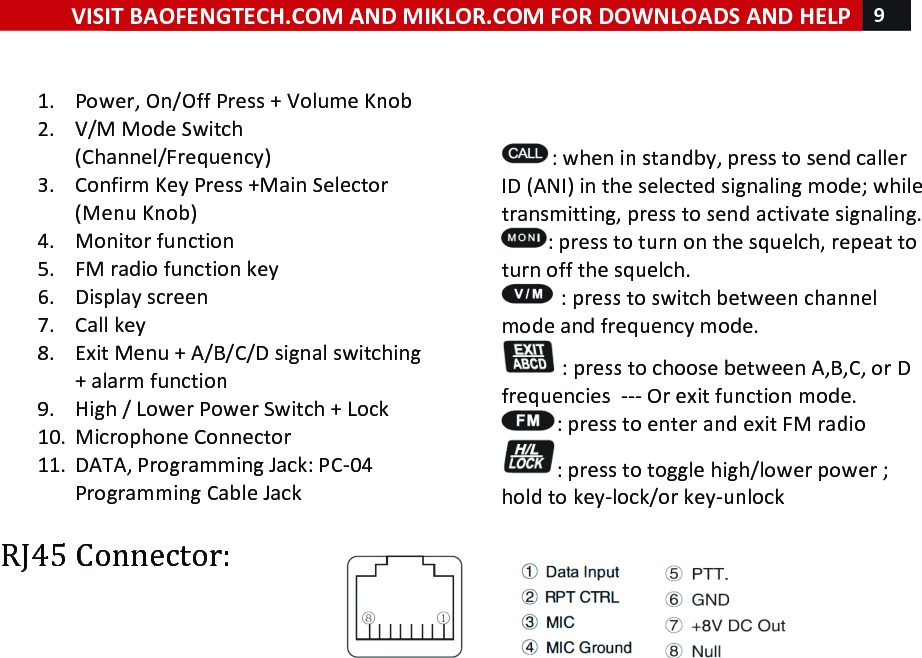 !! ! VISIT!BAOFENGTECH.COM!AND!MIKLOR.COM!FOR!DOWNLOADS!AND!HELP!9!!!!1. Power,!On/Off!Press!+!Volume!Knob!2. V/M!Mode!Switch!(Channel/Frequency)!3. Confirm!Key!Press!+Main!Selector!(Menu!Knob)!!!4. Monitor!function!5. FM!radio!function!key!6. Display!screen!7. Call!key!8. Exit!Menu!+!A/B/C/D!signal!switching!+!alarm!function!9. High!/!Lower!Power!Switch!+!Lock!10. Microphone!Connector!11. DATA,!Programming!Jack:!PC-04!Programming!Cable!Jack!!!!:!when!in!standby,!press!to!send!caller!ID!(ANI)!in!the!selected!signaling!mode;!while!transmitting,!press!to!send!activate!signaling.!!:!press!to!turn!on!the!squelch,!repeat!to!turn!off!the!squelch.!!!:!press!to!switch!between!channel!mode!and!frequency!mode.!!!:!press!to!choose!between!A,B,C,!or!D!frequencies!!---!Or!exit!function!mode.!!:!press!to!enter!and!exit!FM!radio!:!press!to!toggle!high/lower!power!;!hold!to!key-lock/or!key-unlock!RJ45!Connector:!!