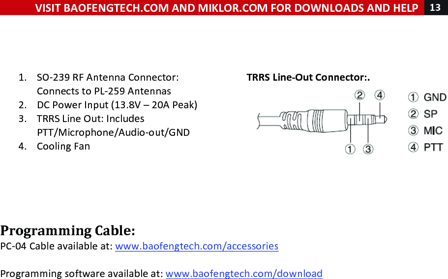 !! ! VISIT!BAOFENGTECH.COM!AND!MIKLOR.COM!FOR!DOWNLOADS!AND!HELP!13!!!!!!1. SO-239!RF!Antenna!Connector:!Connects!to!PL-259!Antennas!!2. DC!Power!Input!(13.8V!–!20A!Peak)!3. TRRS!Line!Out:!Includes!PTT/Microphone/Audio-out/GND!4. Cooling!Fan!!!!!!!!TRRS!Line-Out!Connector:.!!!!Programming!Cable:!PC-04!Cable!available!at:!www.baofengtech.com/accessories!!!Programming!software!available!at:!www.baofengtech.com/download!! 