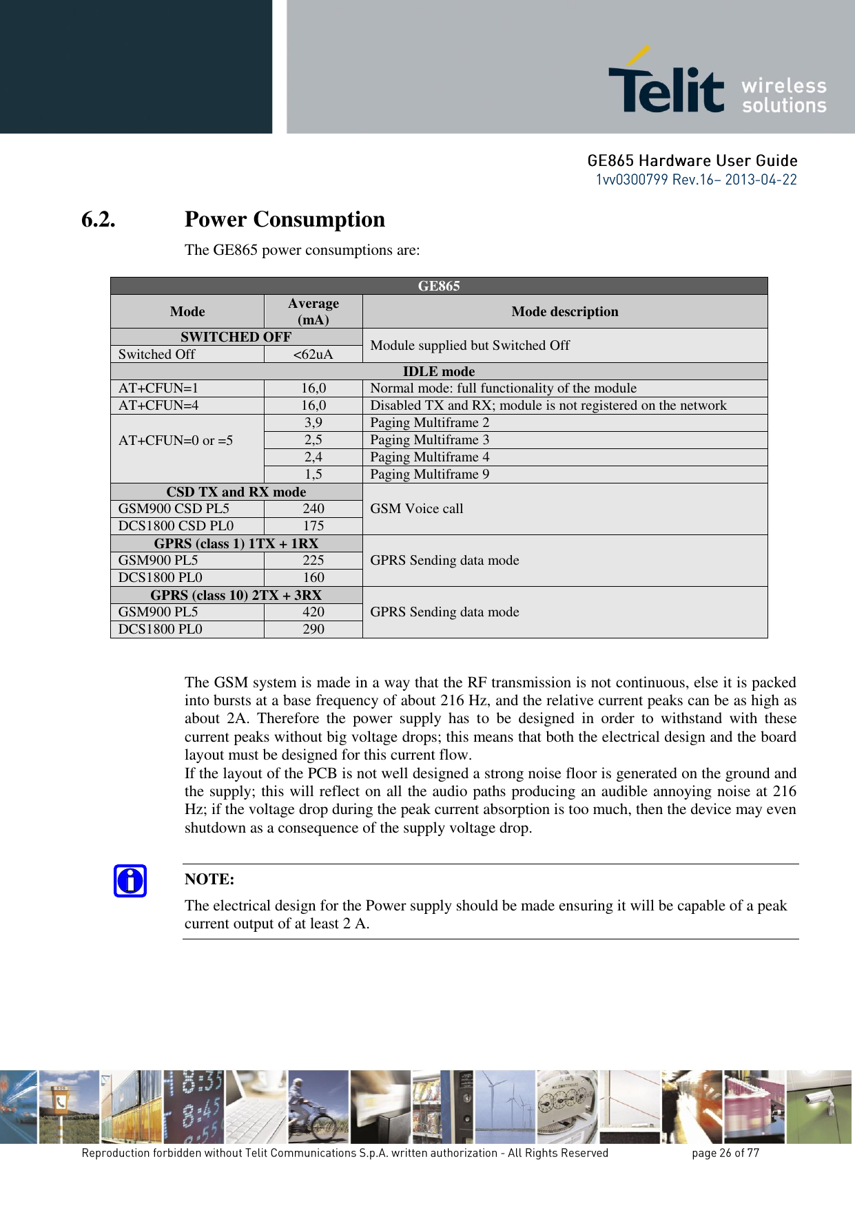 6.2. Power Consumption The GE865 power consumptions are:   GE865 Mode Average (mA) Mode description SWITCHED OFF Module supplied but Switched Off Switched Off &lt;62uA IDLE mode AT+CFUN=1 16,0 Normal mode: full functionality of the module AT+CFUN=4 16,0 Disabled TX and RX; module is not registered on the network AT+CFUN=0 or =5  3,9 Paging Multiframe 2 2,5 Paging Multiframe 3 2,4 Paging Multiframe 4 1,5 Paging Multiframe 9 CSD TX and RX mode GSM Voice call GSM900 CSD PL5 240 DCS1800 CSD PL0 175 GPRS (class 1) 1TX + 1RX GPRS Sending data mode GSM900 PL5 225 DCS1800 PL0 160 GPRS (class 10) 2TX + 3RX GPRS Sending data mode GSM900 PL5 420 DCS1800 PL0 290   The GSM system is made in a way that the RF transmission is not continuous, else it is packed into bursts at a base frequency of about 216 Hz, and the relative current peaks can be as high as about  2A.  Therefore  the  power  supply  has  to  be  designed  in  order  to  withstand  with  these current peaks without big voltage drops; this means that both the electrical design and the board layout must be designed for this current flow. If the layout of the PCB is not well designed a strong noise floor is generated on the ground and the supply; this will reflect on all the audio paths producing an audible annoying noise at 216 Hz; if the voltage drop during the peak current absorption is too much, then the device may even shutdown as a consequence of the supply voltage drop.  NOTE: The electrical design for the Power supply should be made ensuring it will be capable of a peak current output of at least 2 A.    