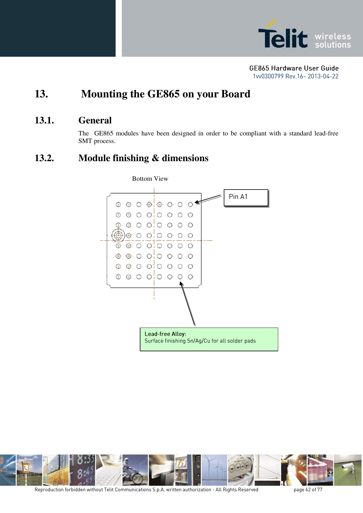 13.  Mounting the GE865 on your Board 13.1. General The   GE865  modules have been designed in  order to  be  compliant with a standard lead-free SMT process. 13.2. Module finishing &amp; dimensions                                  Bottom View                           