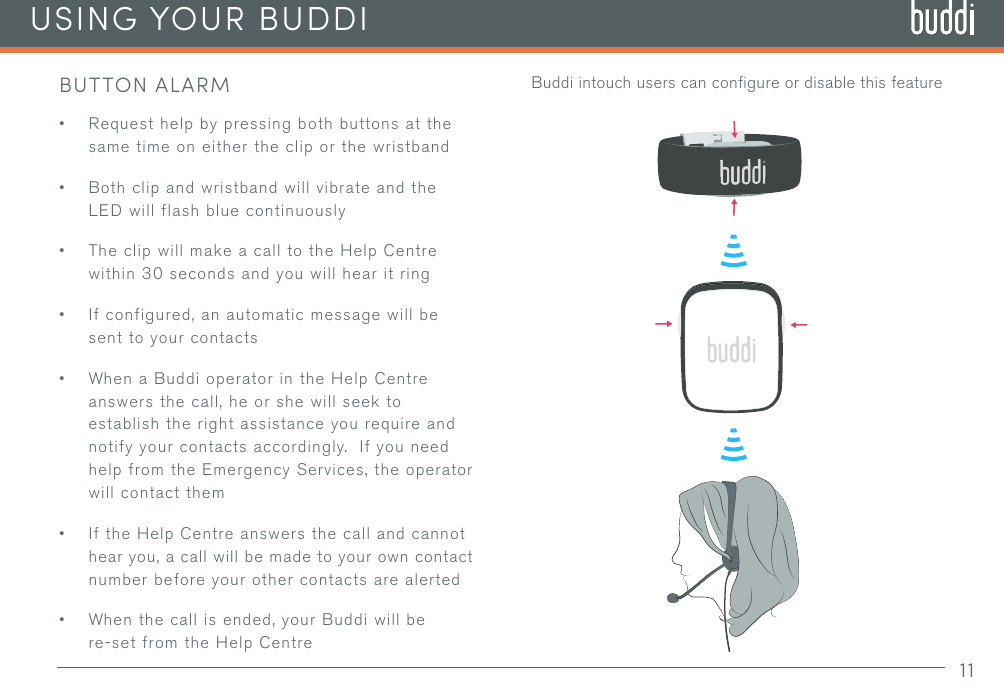 11Buddi intouch users can conﬁgure or disable this featureUSING YOUR BUDDIBUTTON ALARM• Request help by pressing both buttons at the same time on either the clip or the wristband• Both clip and wristband will vibrate and the LED will flash blue continuously• The clip will make a call to the Help Centre within 30 seconds and you will hear it ring• If configured, an automatic message will be sent to your contacts• When a Buddi operator in the Help Centre answers the call, he or she will seek to establish the right assistance you require and notify your contacts accordingly.  If you need help from the Emergency Services, the operator will contact them• If the Help Centre answers the call and cannot hear you, a call will be made to your own contact number before your other contacts are alerted• When the call is ended, your Buddi will be re-set from the Help Centre