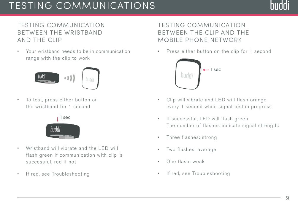 9TESTING COMMUNICATION BETWEEN THE WRISTBAND AND THE CLIP• Your wristband needs to be in communication range with the clip to work• To test, press either button on the wristband for 1 second• Wristband will vibrate and the LED will flash green if communication with clip is successful, red if not• If red, see TroubleshootingTESTING COMMUNICATIONS1 secTESTING COMMUNICATION BETWEEN THE CLIP AND THE MOBILE PHONE NETWORK• Press either button on the clip for 1 second • Clip will vibrate and LED will flash orange every 1 second while signal test in progress• If successful, LED will flash green. The number of flashes indicate signal strength:• Three flashes: strong• Two flashes: average• One flash: weak• If red, see Troubleshooting1 sec