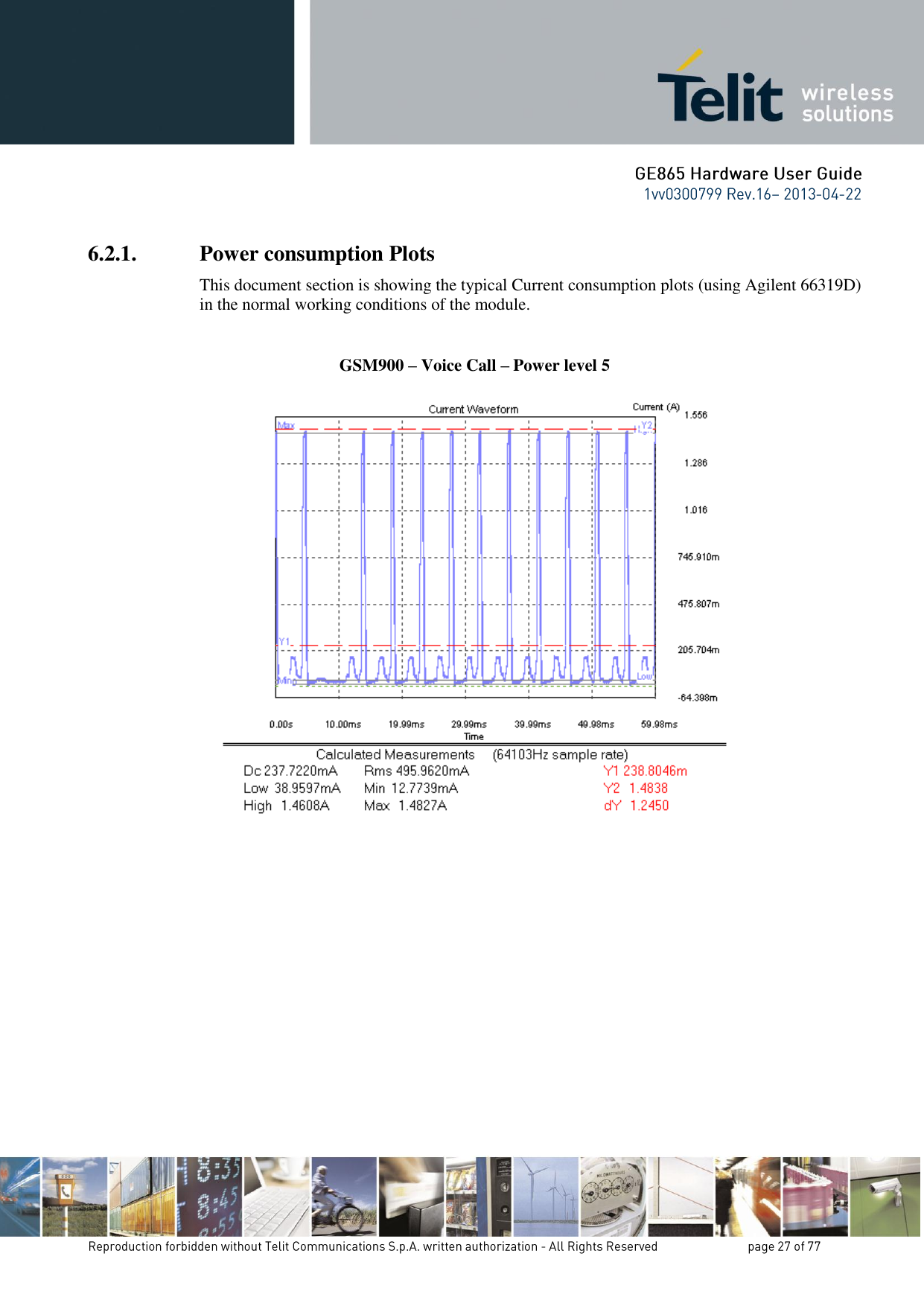 6.2.1. Power consumption Plots This document section is showing the typical Current consumption plots (using Agilent 66319D) in the normal working conditions of the module.  GSM900 – Voice Call – Power level 5 