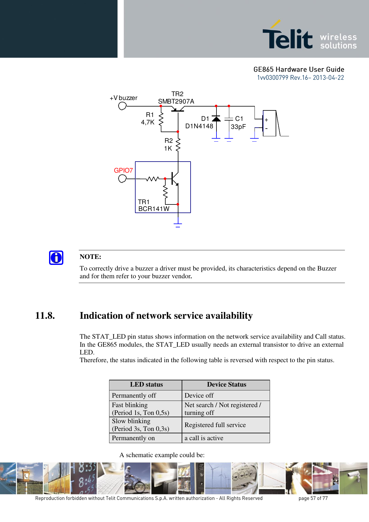 TR1BCR141WTR2SMBT2907AR14,7KR21KD1D1N4148 C133pF +-+V buzzerGPIO7  NOTE: To correctly drive a buzzer a driver must be provided, its characteristics depend on the Buzzer and for them refer to your buzzer vendor.     11.8. Indication of network service availability  The STAT_LED pin status shows information on the network service availability and Call status.  In the GE865 modules, the STAT_LED usually needs an external transistor to drive an external LED. Therefore, the status indicated in the following table is reversed with respect to the pin status.              LED status Device Status Permanently off Device off Fast blinking (Period 1s, Ton 0,5s) Net search / Not registered / turning off Slow blinking (Period 3s, Ton 0,3s) Registered full service Permanently on a call is active           A schematic example could be: 